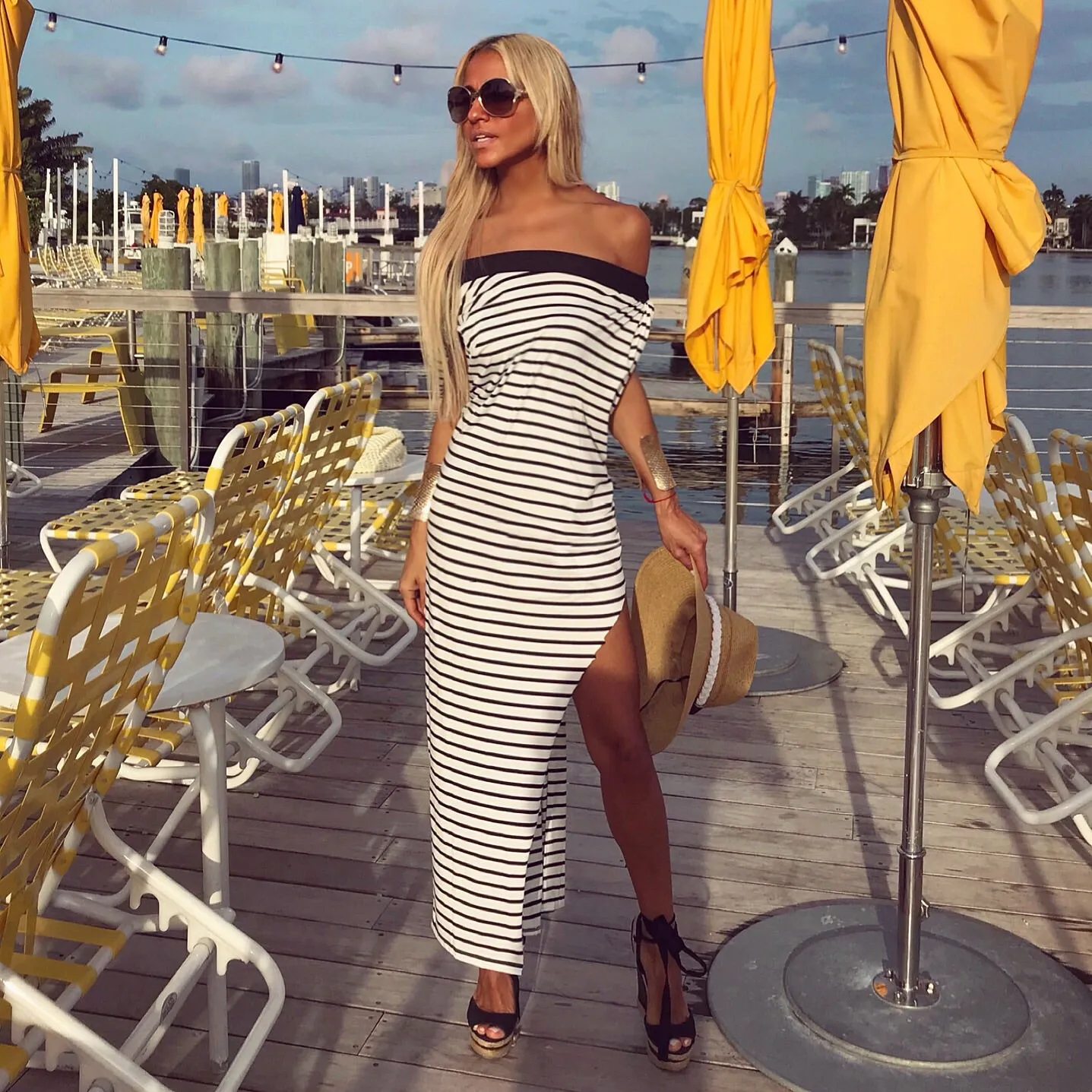 Off the Shoulder Stripe slit dress - The Monaco