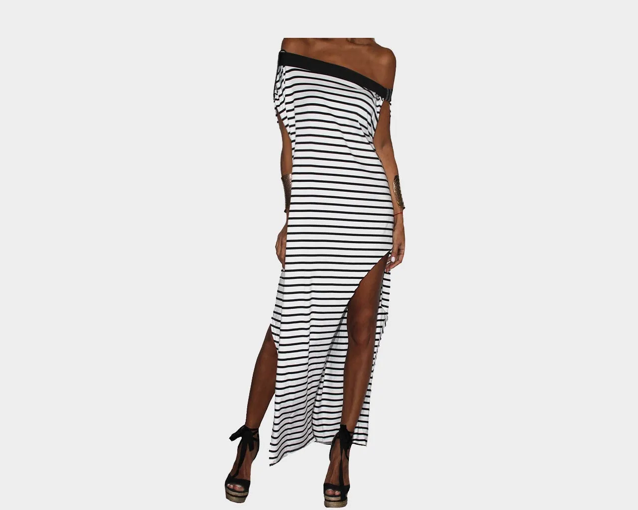 Off the Shoulder Stripe slit dress - The Monaco