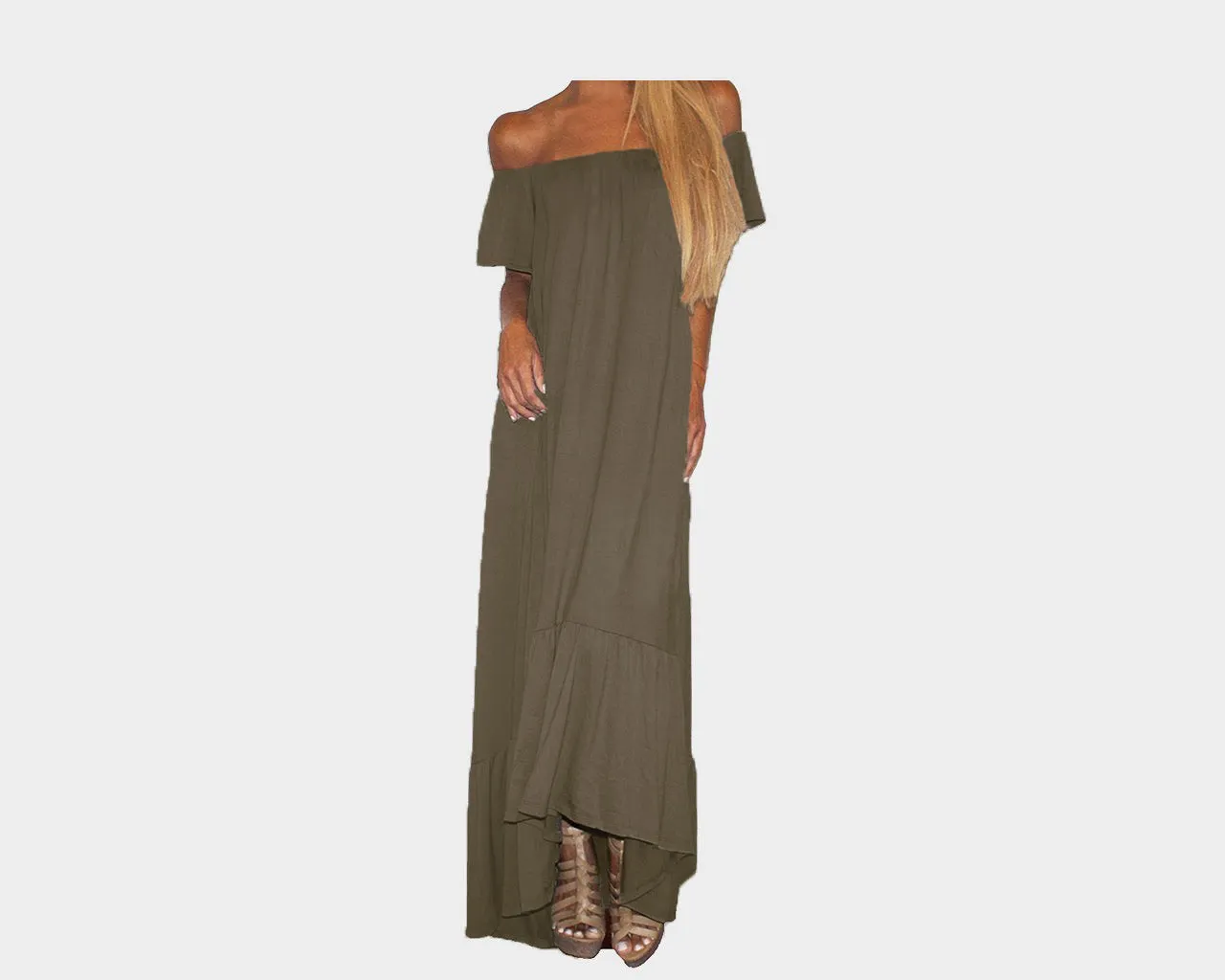 Olive Vert Green Off-Shoulder Ruffle bottom dress - The Monaco