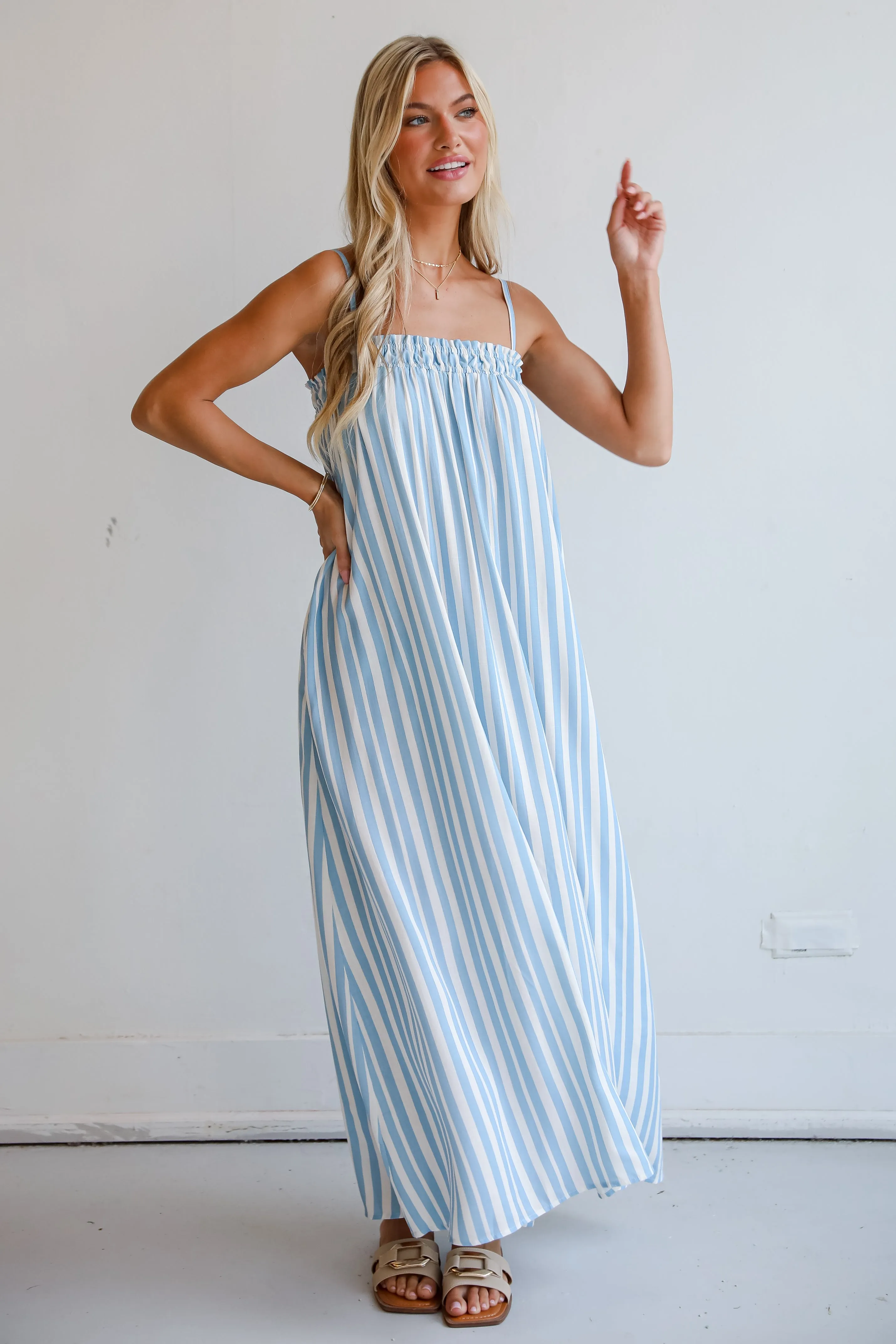 Pacific Tides Light Blue Striped Maxi Dress