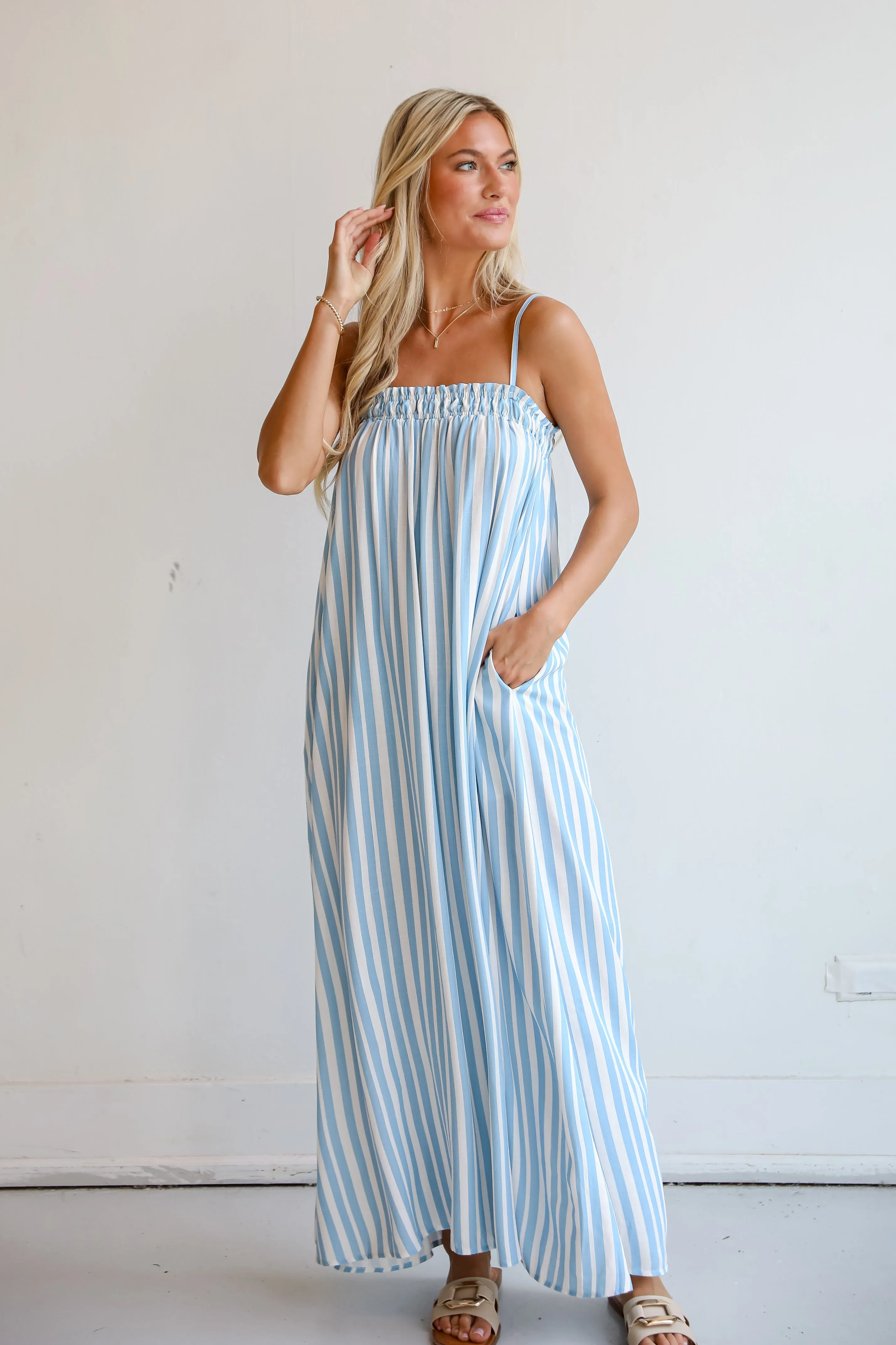 Pacific Tides Light Blue Striped Maxi Dress