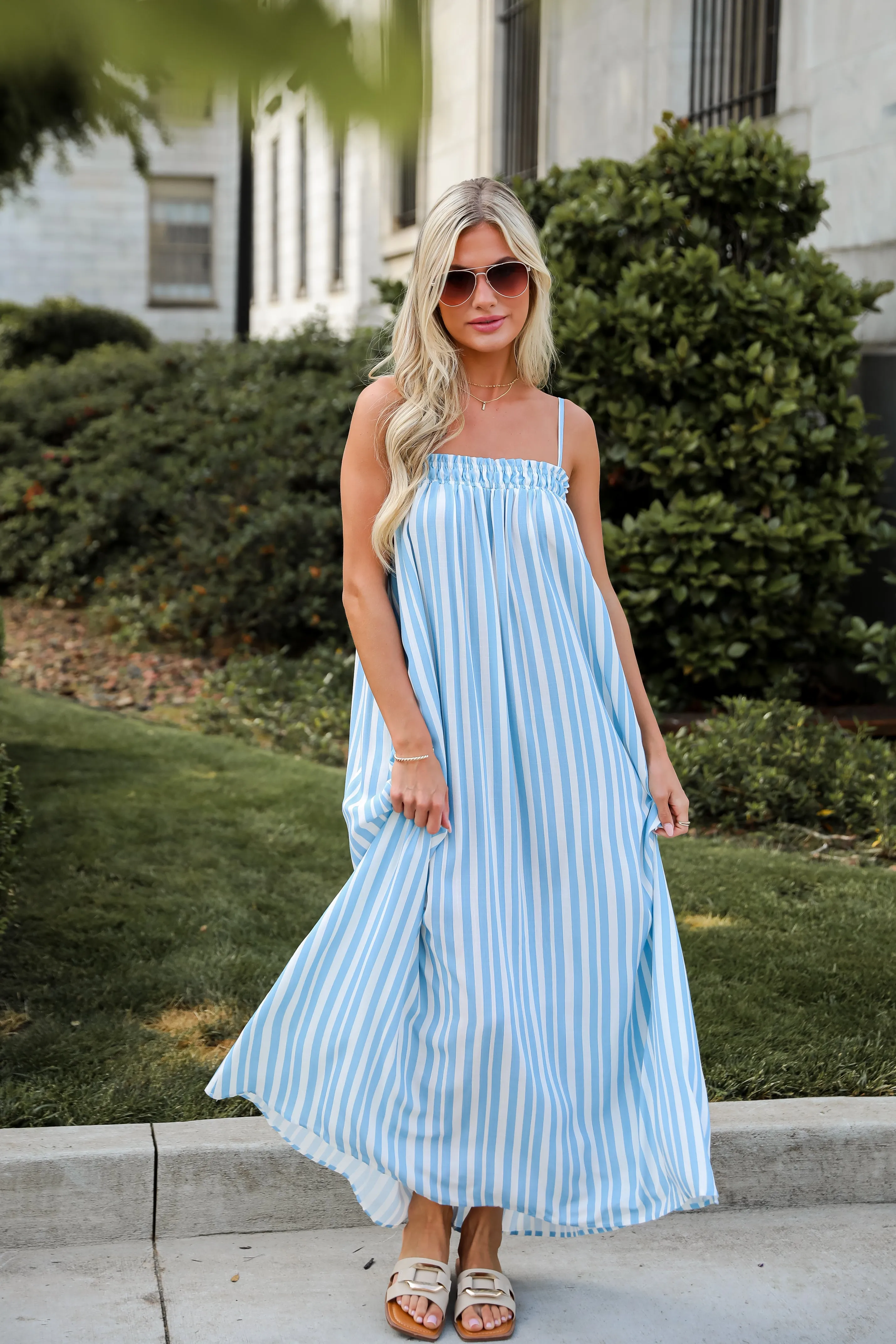 Pacific Tides Light Blue Striped Maxi Dress