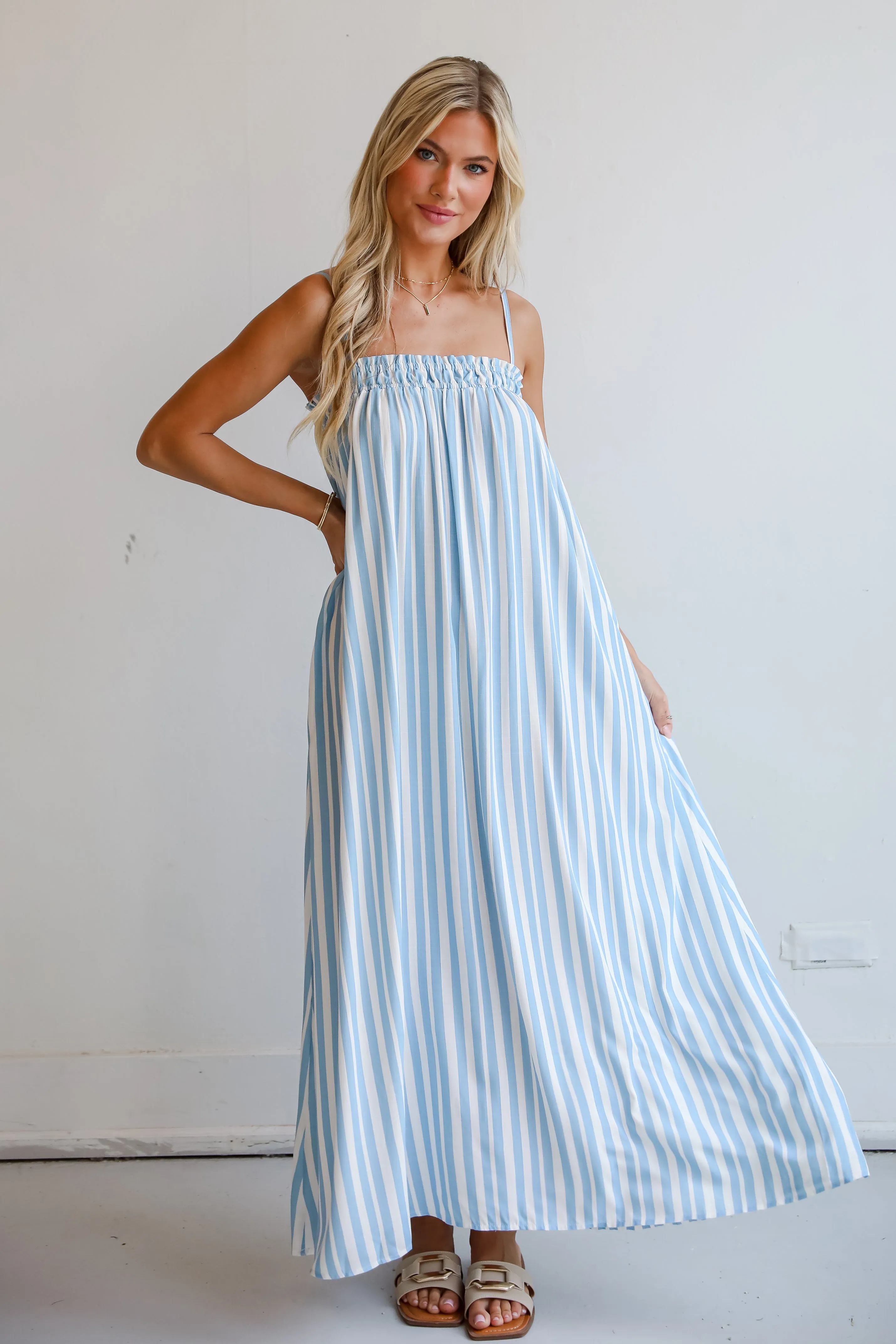 Pacific Tides Light Blue Striped Maxi Dress