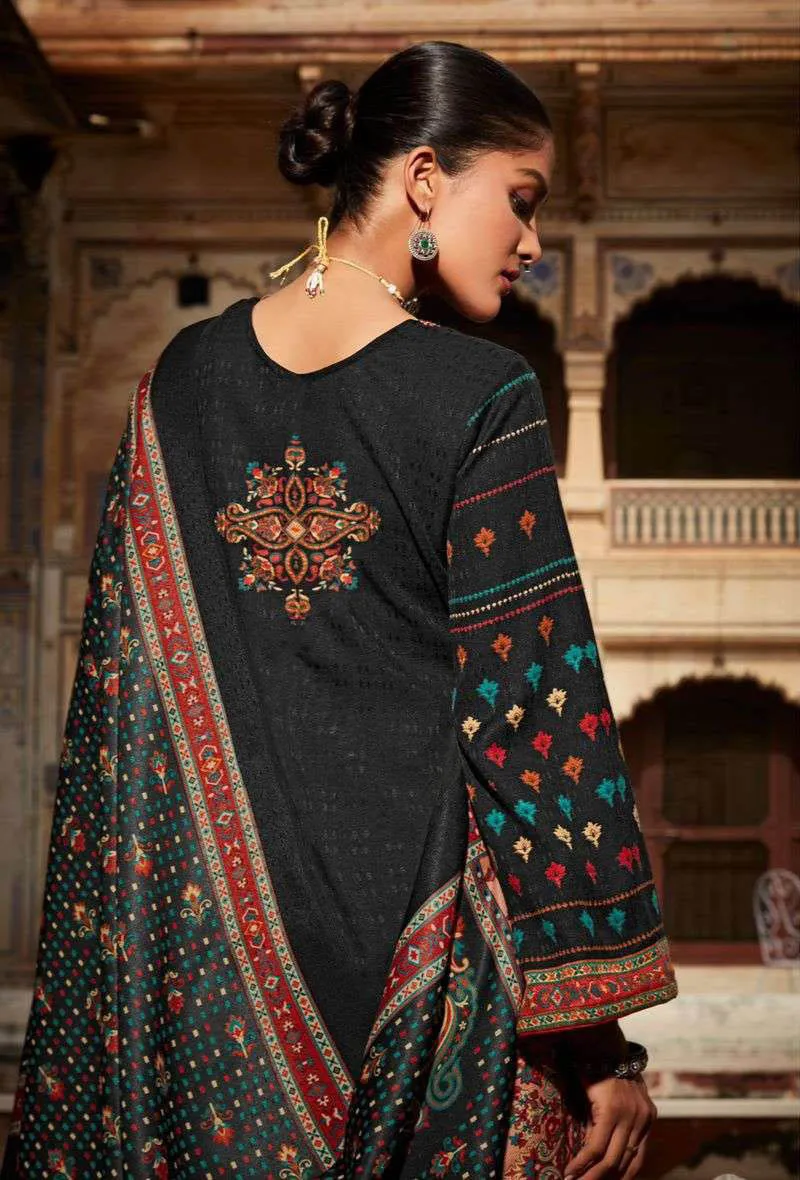 Pashmina Unstitched Black Winter Suits With Embroidery