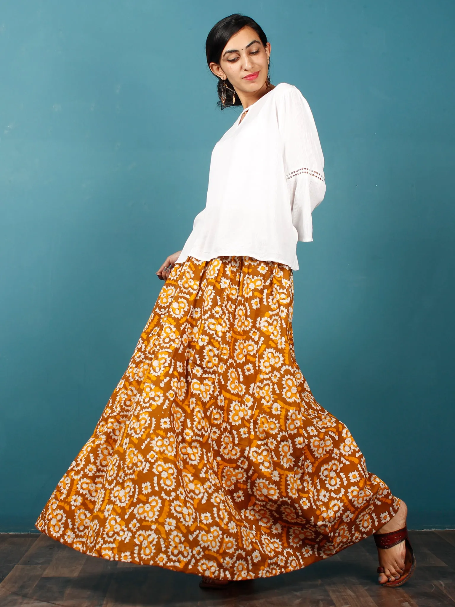 Peanut Brown Yellow White Hand Block Printed Skirt  - S40F342