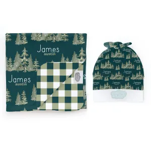 Personalized  Swaddle & Hat Set | Ancient Woodland