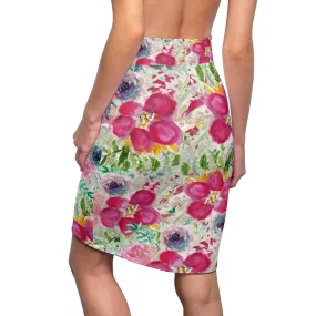 Pink Floral Women's Pencil Skirt, Mixed Rose Flowers Printed Best Pattern Skirt-Made in USA