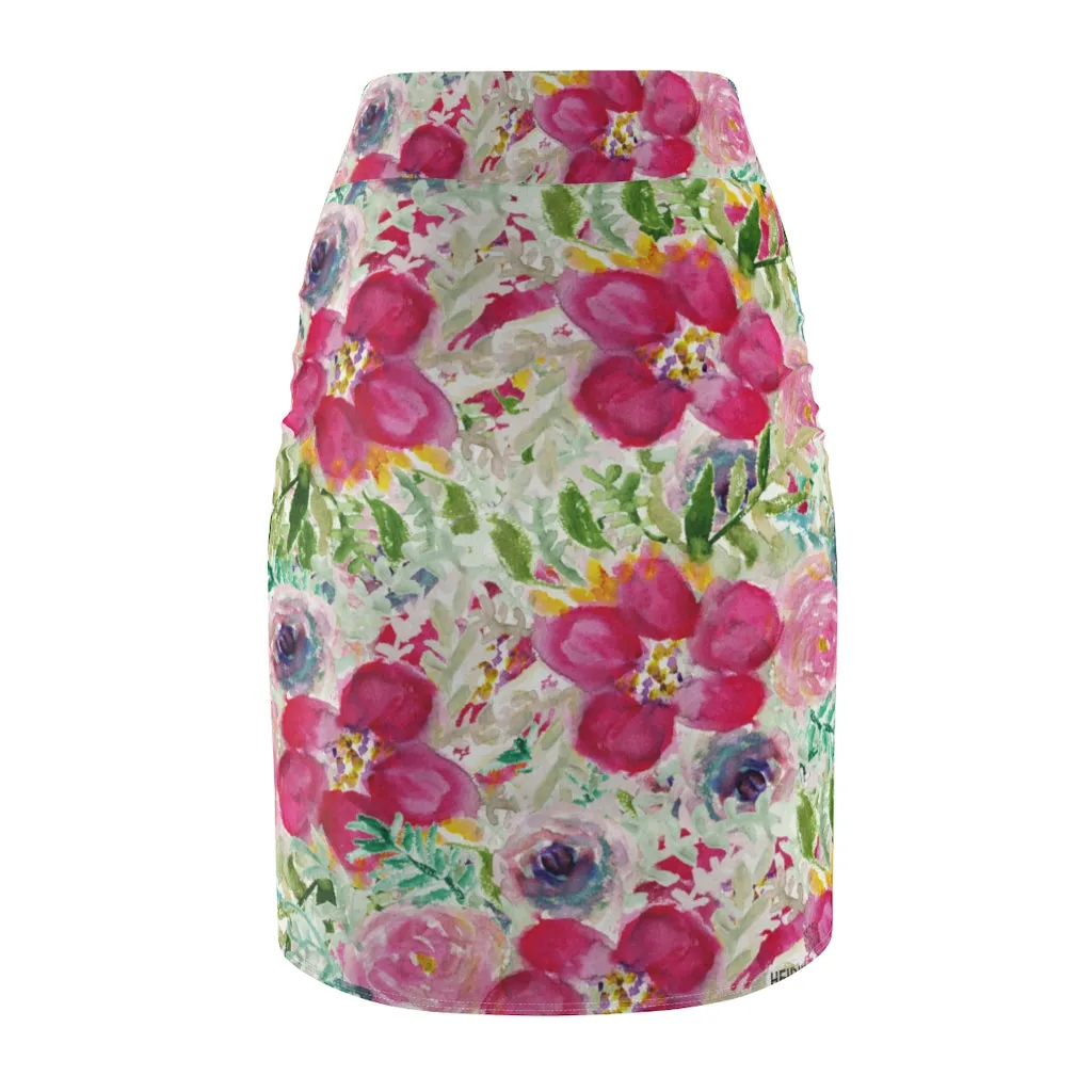 Pink Floral Women's Pencil Skirt, Mixed Rose Flowers Printed Best Pattern Skirt-Made in USA