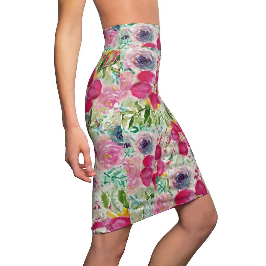 Pink Floral Women's Pencil Skirt, Mixed Rose Flowers Printed Best Pattern Skirt-Made in USA