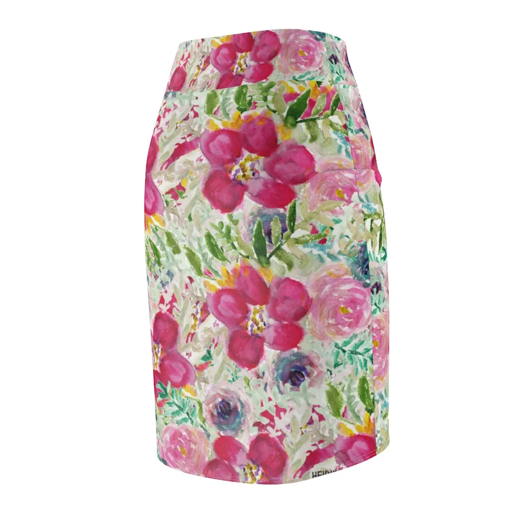 Pink Floral Women's Pencil Skirt, Mixed Rose Flowers Printed Best Pattern Skirt-Made in USA