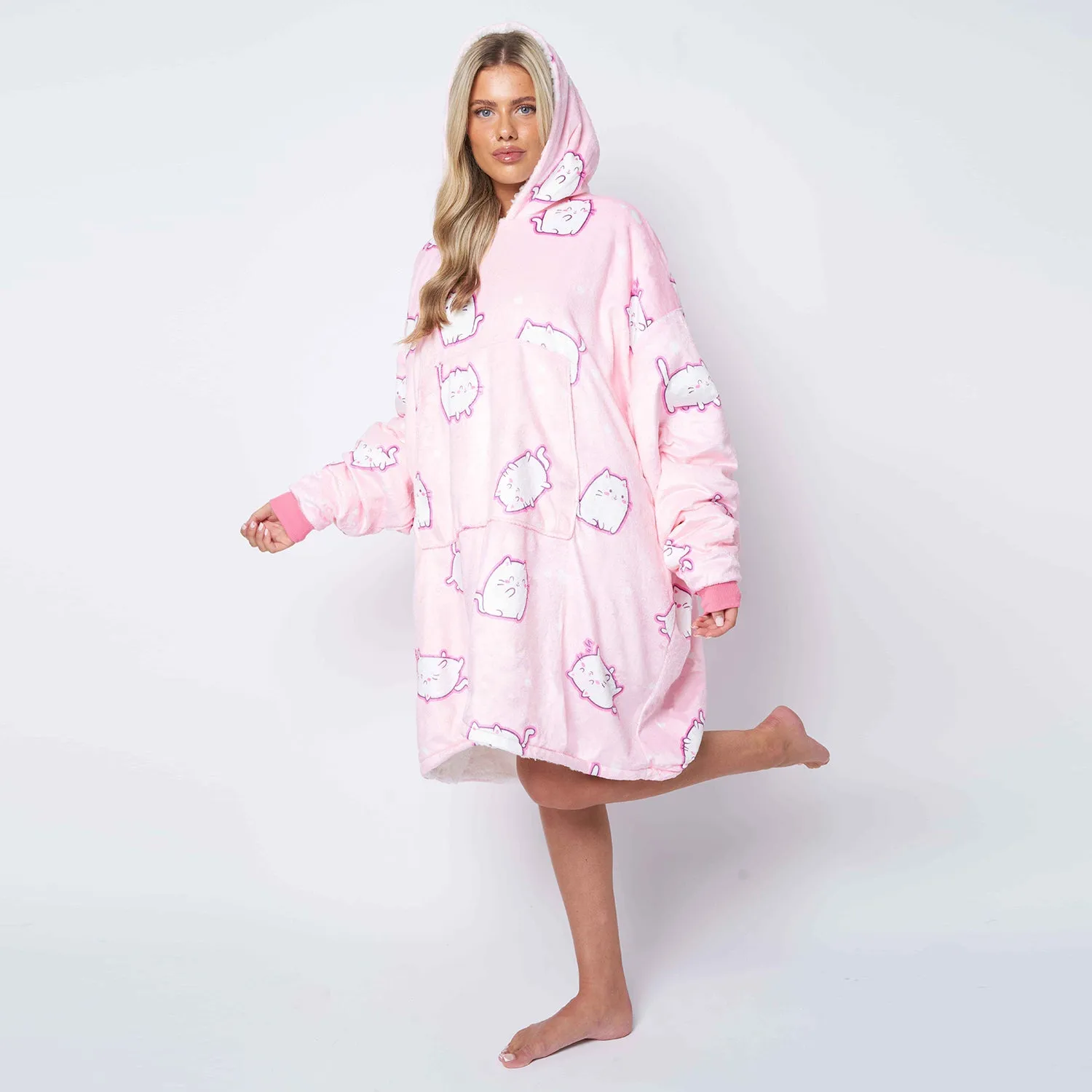 Plush Cat Pink Printed Hoodie