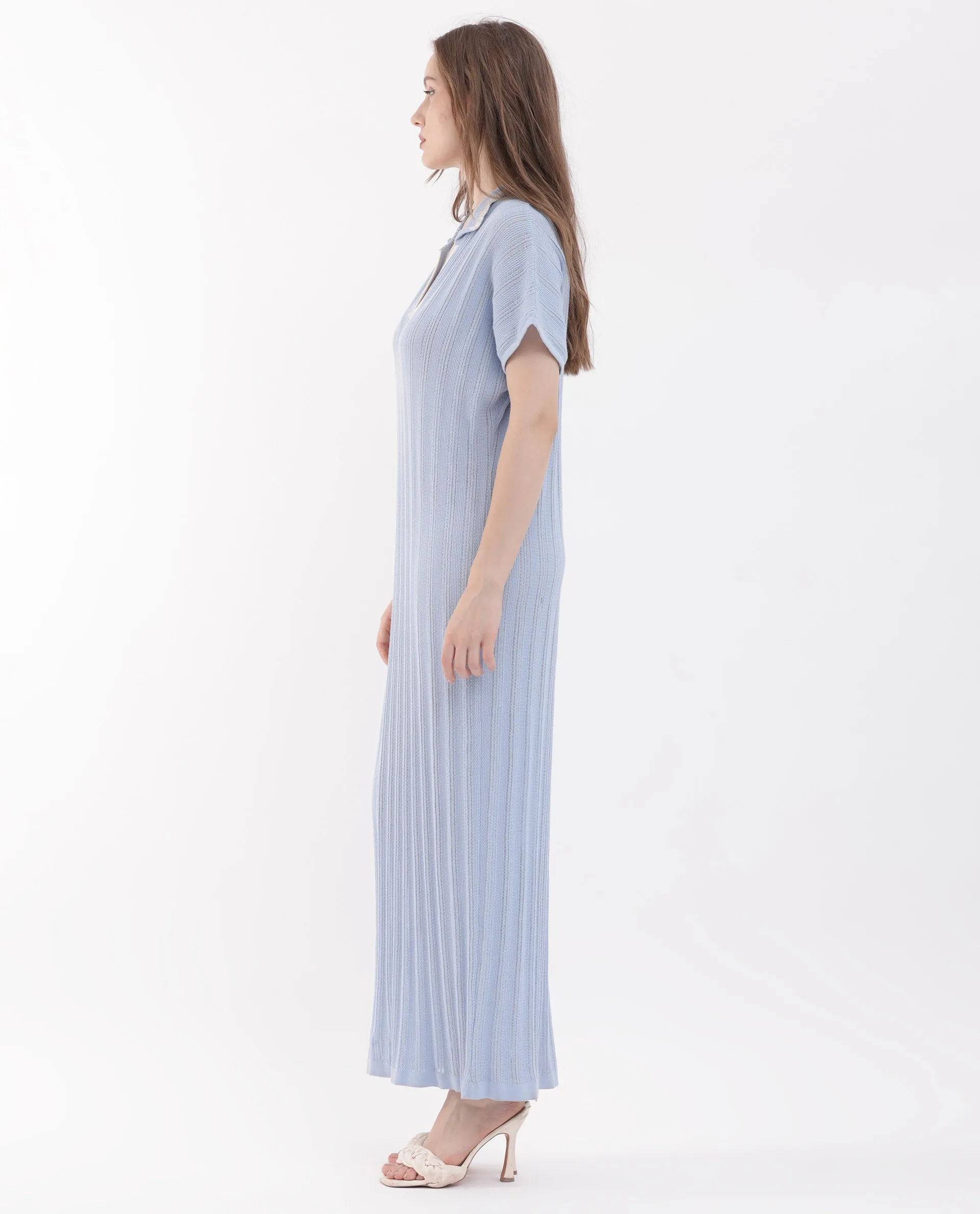 Rareism Women Meyora Light Blue Cotton Fabric Short Sleeves Johnny Collar Extended Sleeve Regular Fit Plain Maxi Dress