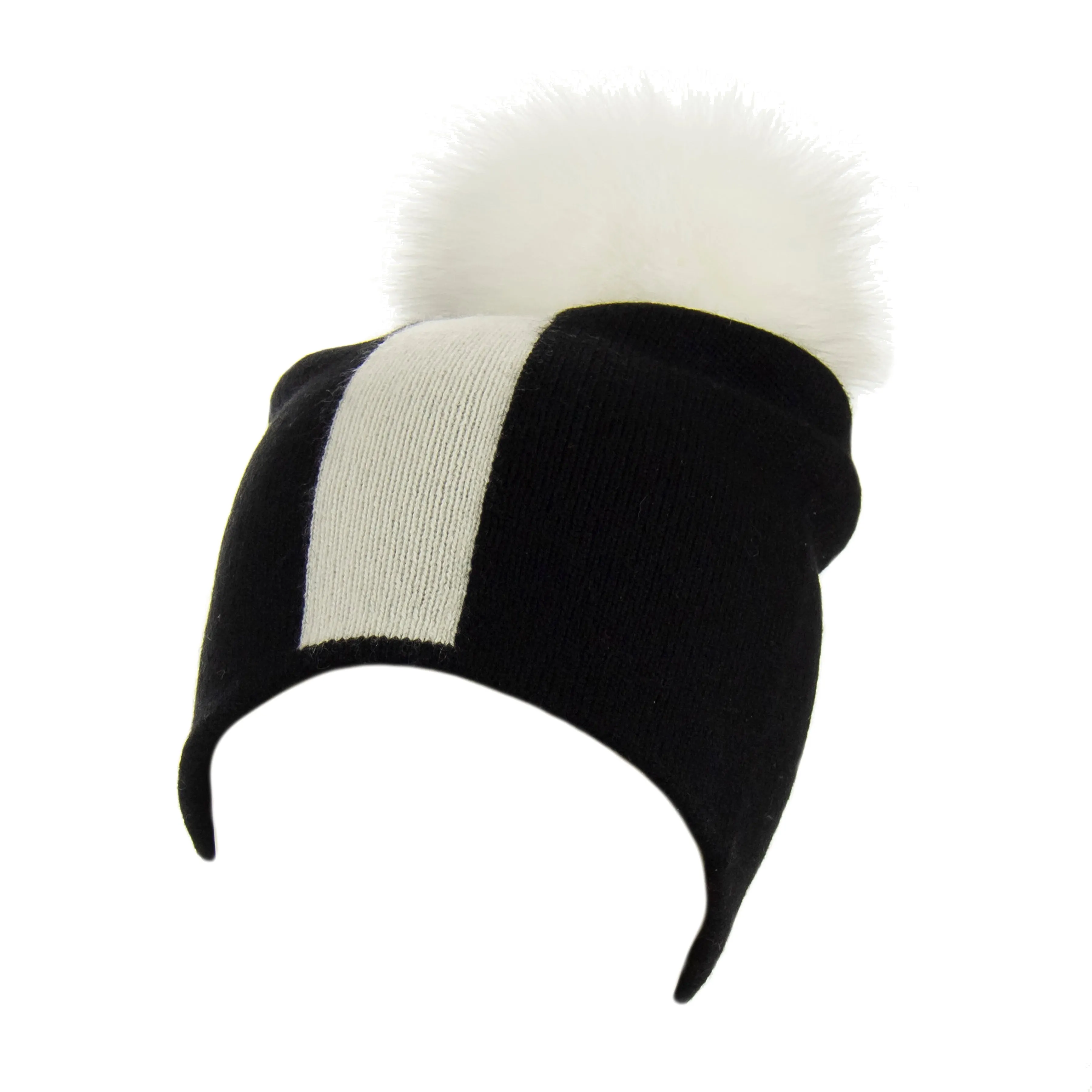 Reversible Slouchy Black & White Striped Cashmere Hat with White Pom-Pom