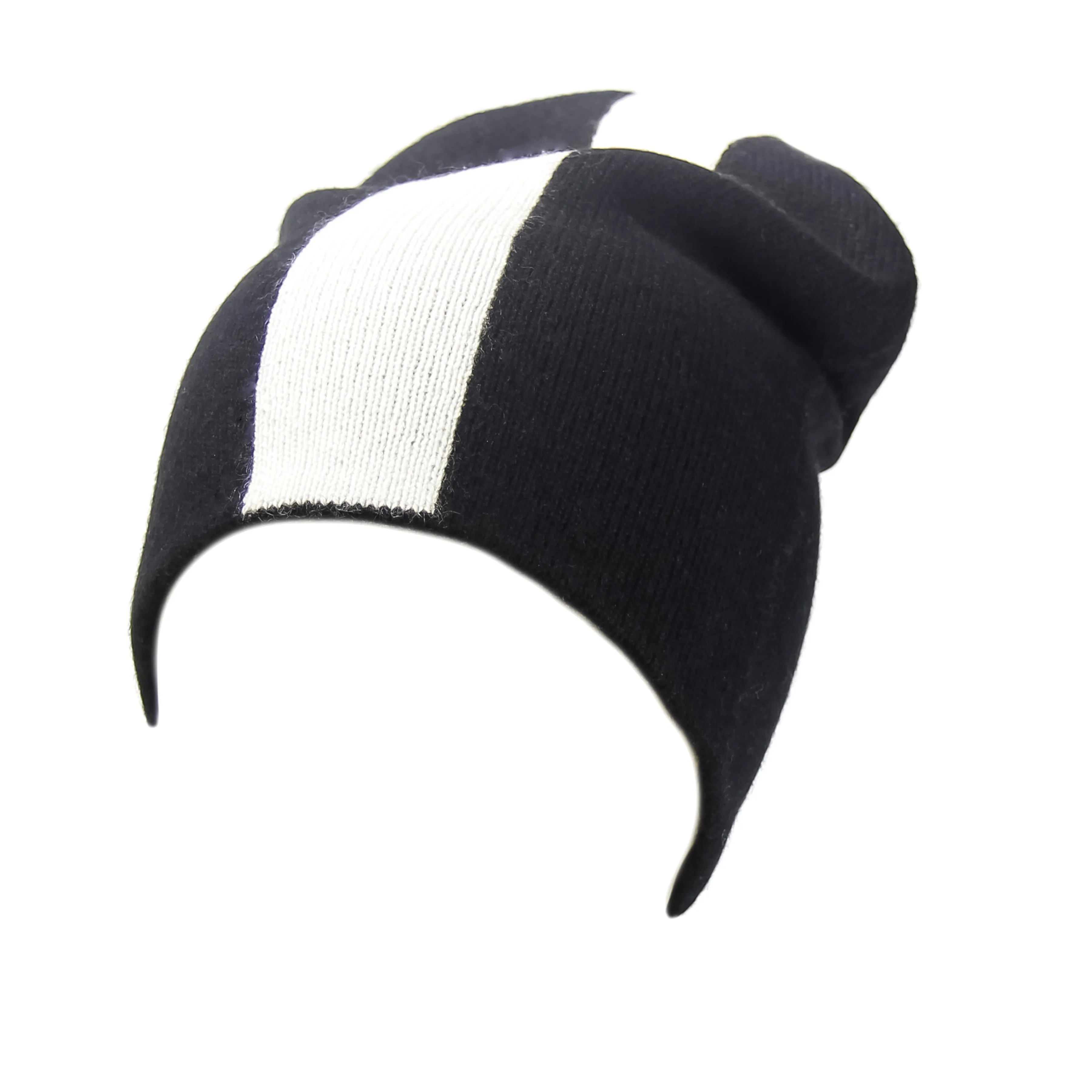 Reversible Slouchy Black & White Striped Cashmere Hat with White Pom-Pom