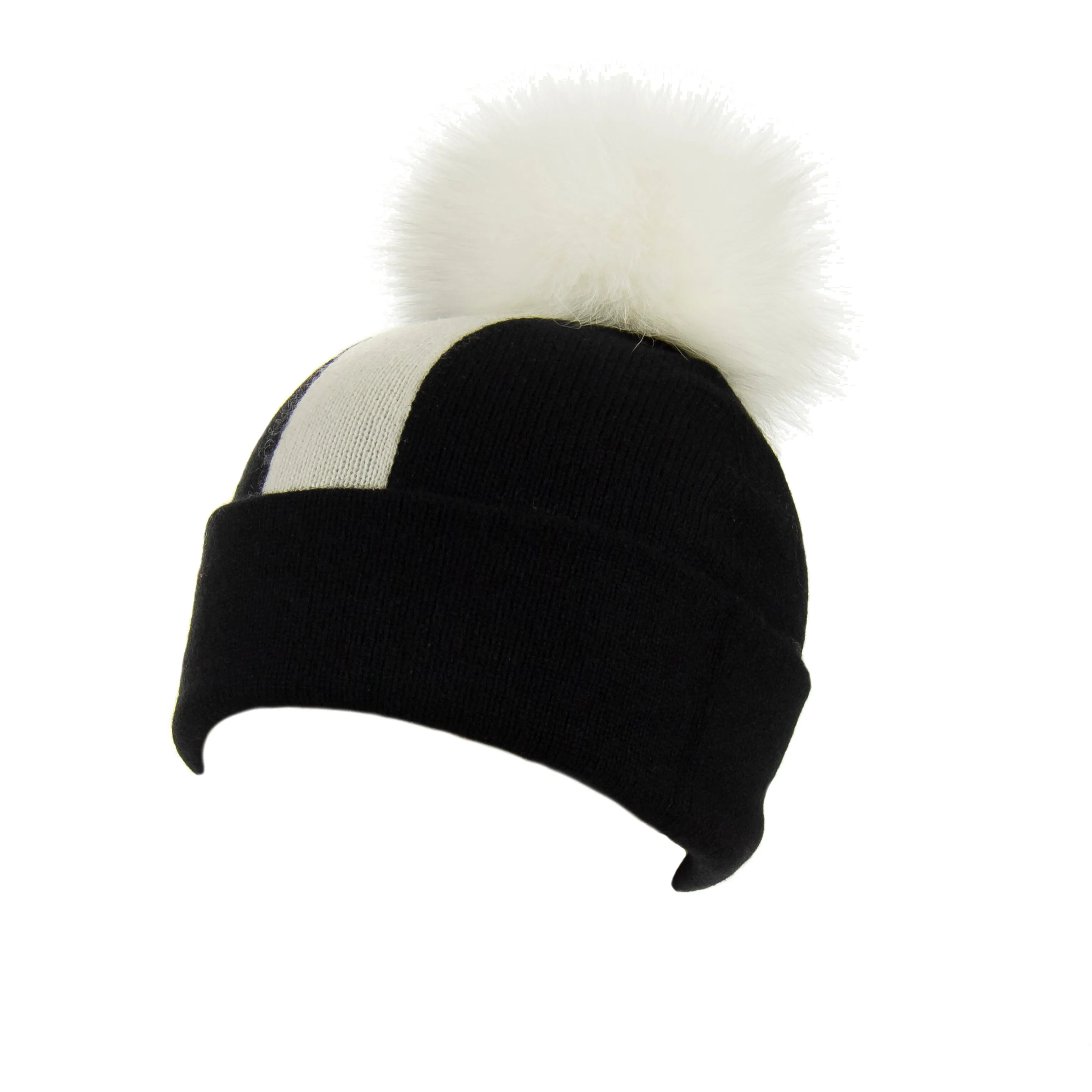 Reversible Slouchy Black & White Striped Cashmere Hat with White Pom-Pom