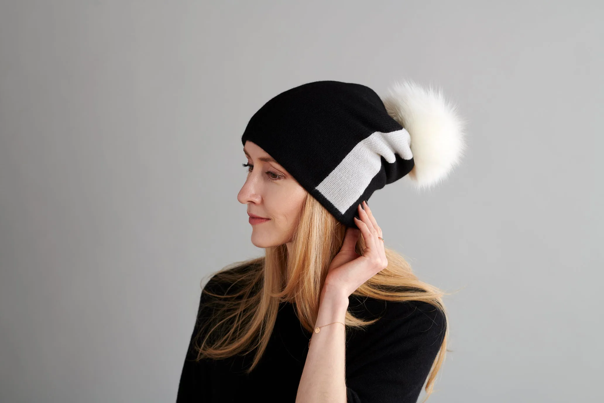 Reversible Slouchy Black & White Striped Cashmere Hat with White Pom-Pom