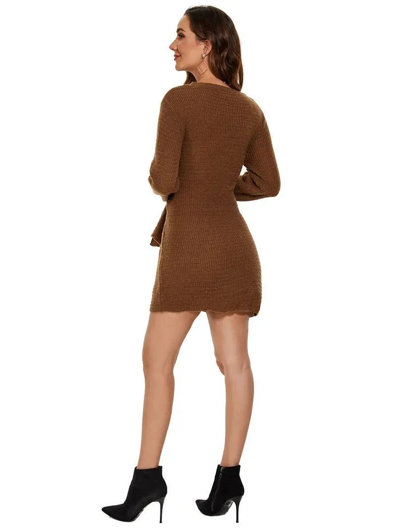 Round Neck Bodycon Mini Sweater Dress With Belt