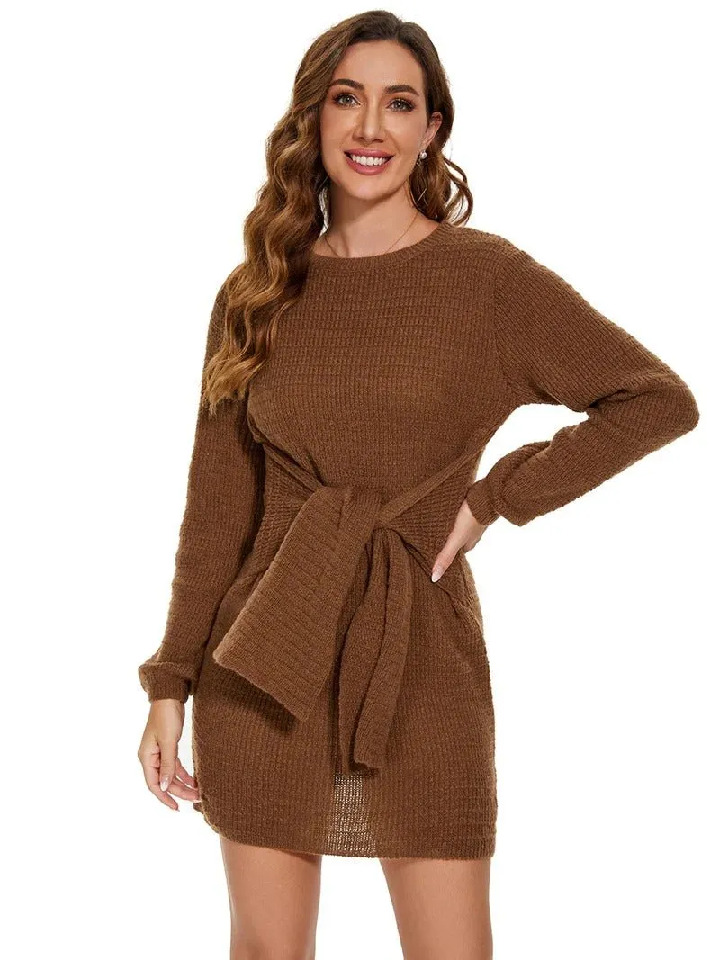 Round Neck Bodycon Mini Sweater Dress With Belt