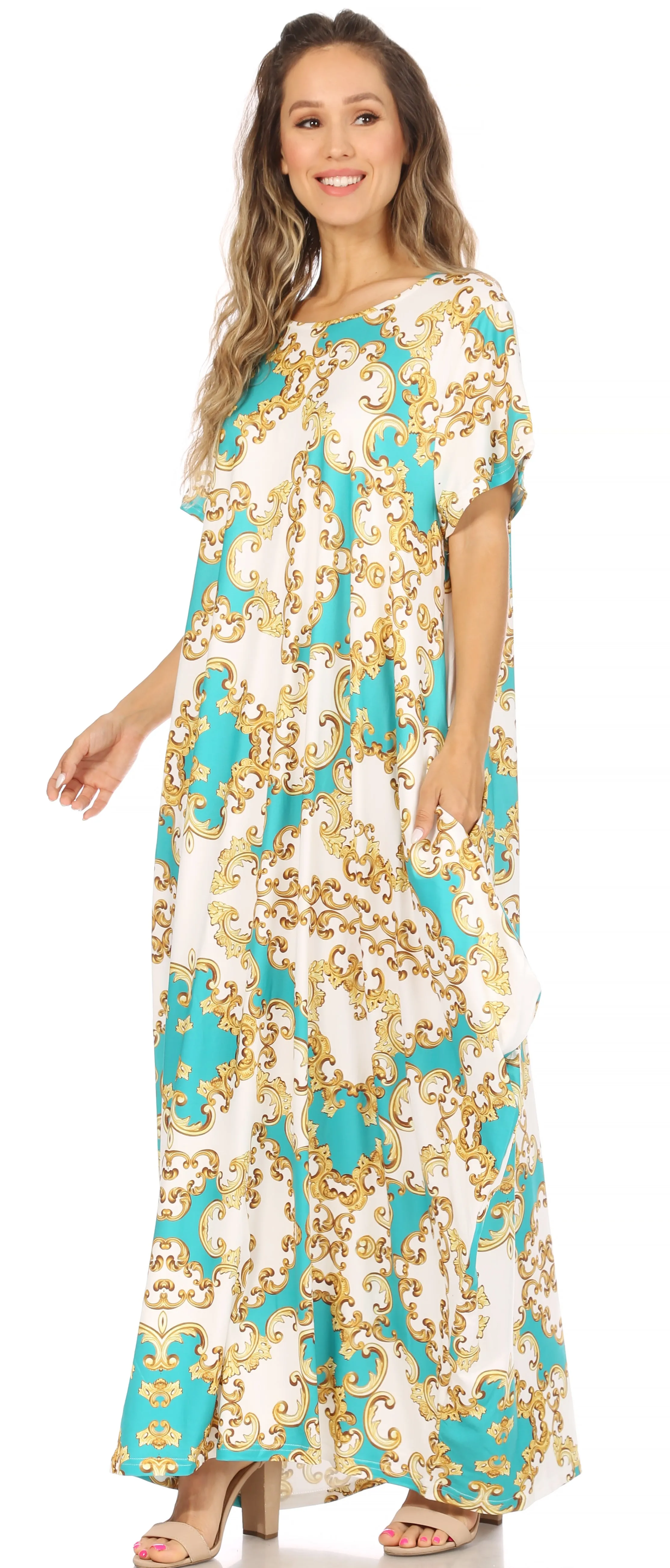 Sakkas Abeni Women's Short Sleeve Casual Print Long Maxi Cover-up Caftan Dress