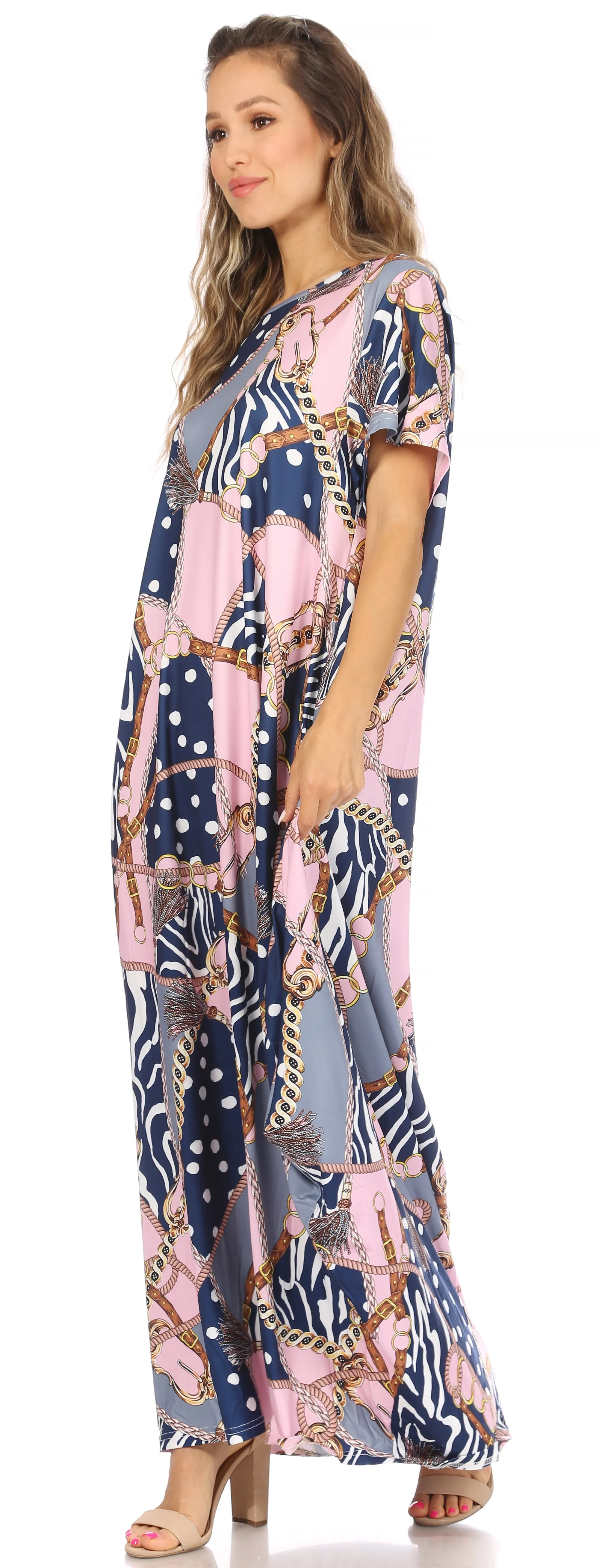 Sakkas Abeni Women's Short Sleeve Casual Print Long Maxi Cover-up Caftan Dress