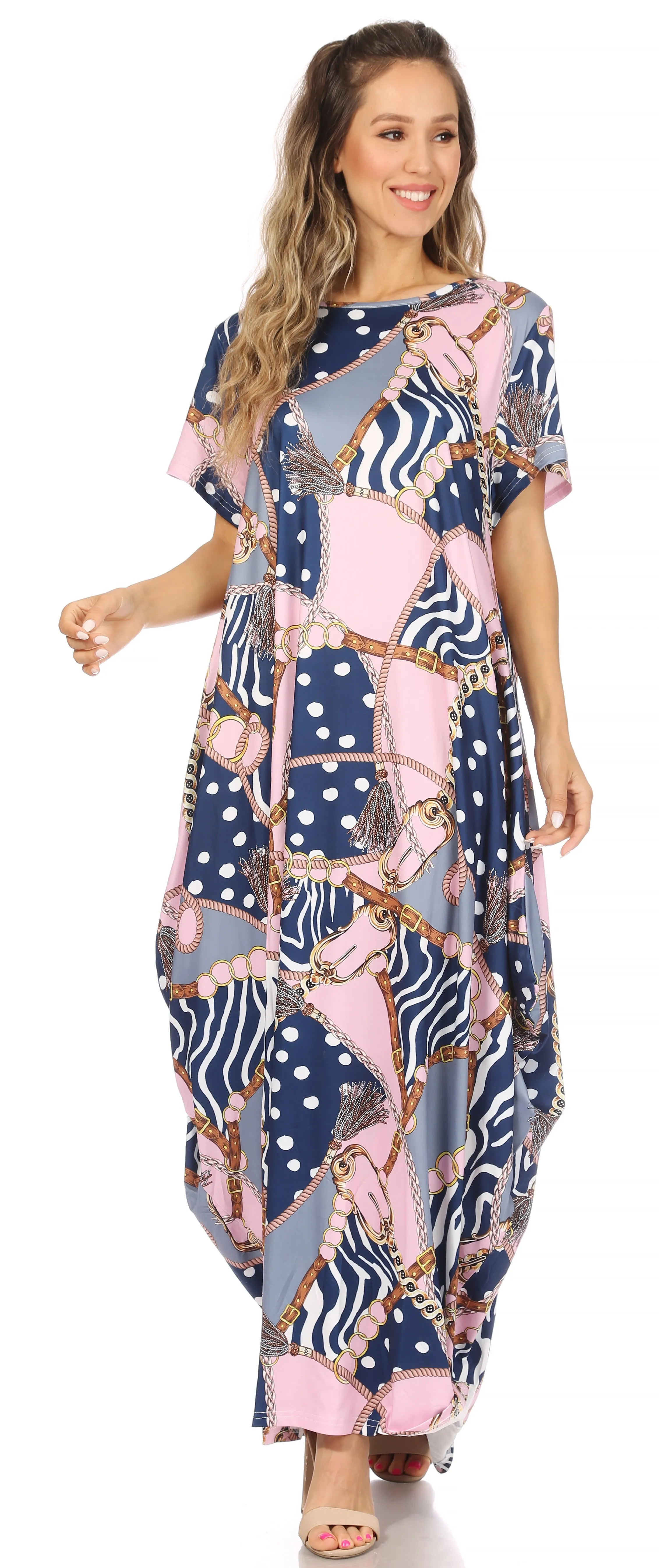 Sakkas Abeni Women's Short Sleeve Casual Print Long Maxi Cover-up Caftan Dress