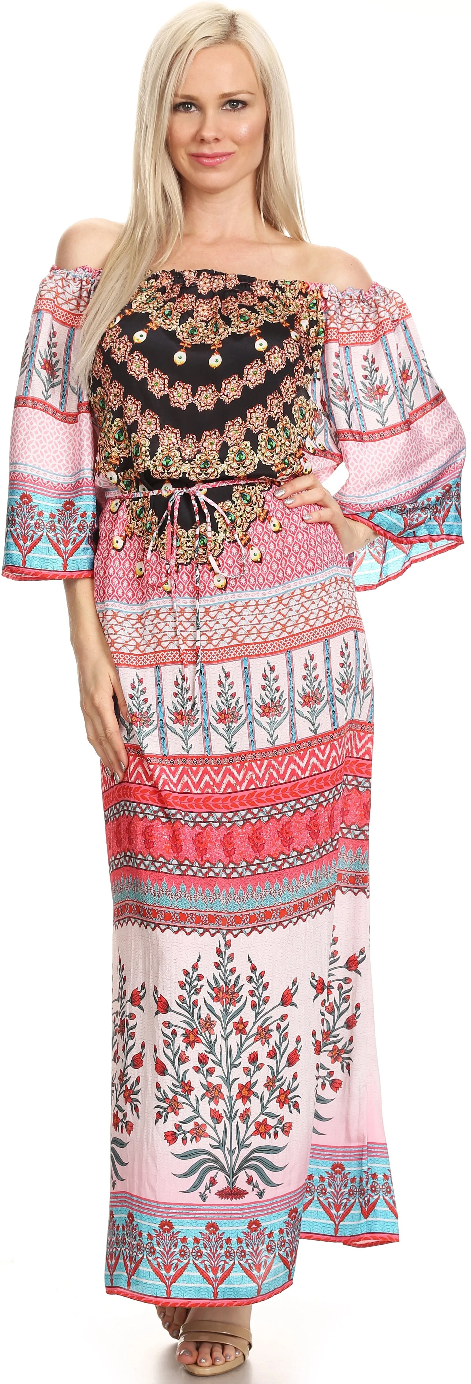 Sakkas Efiya Long Printed Kaftan Off The Shoulder Ruffled Tie-Waist Maxi Dress