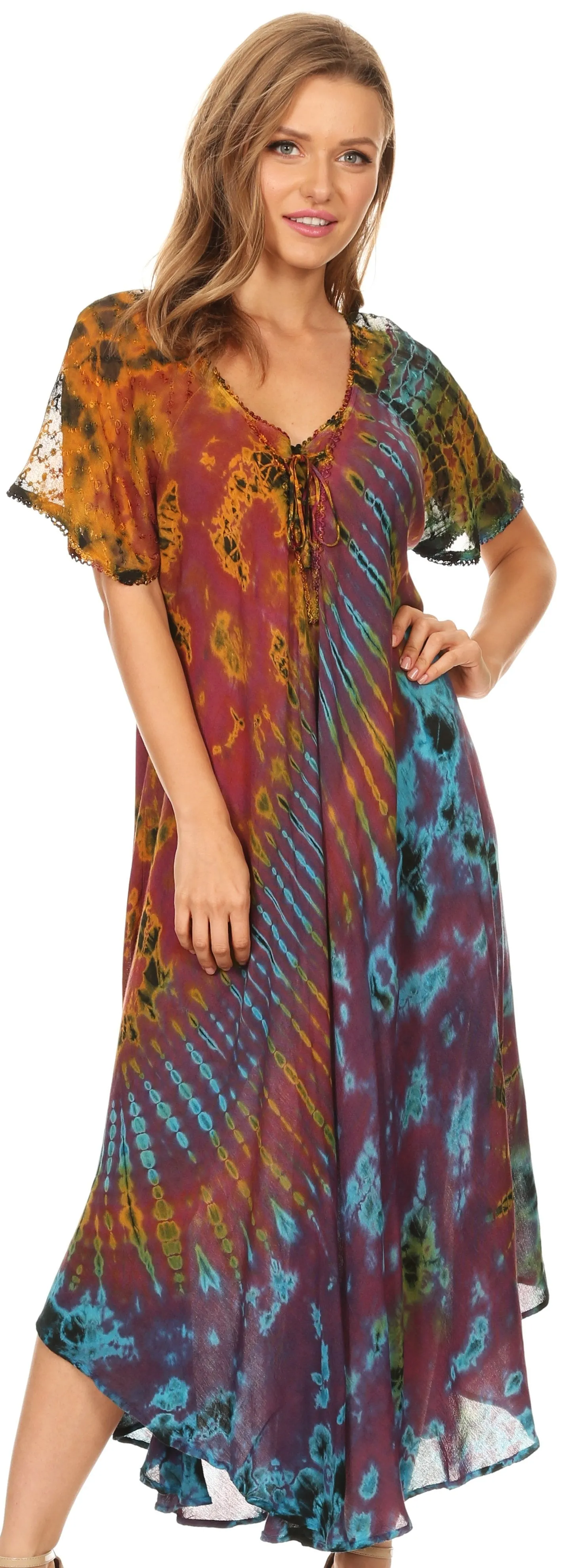 Sakkas Ria Tie Dye Embroidered Cap Sleeve Wide Neck Caftan Dress / Beach Cover Up