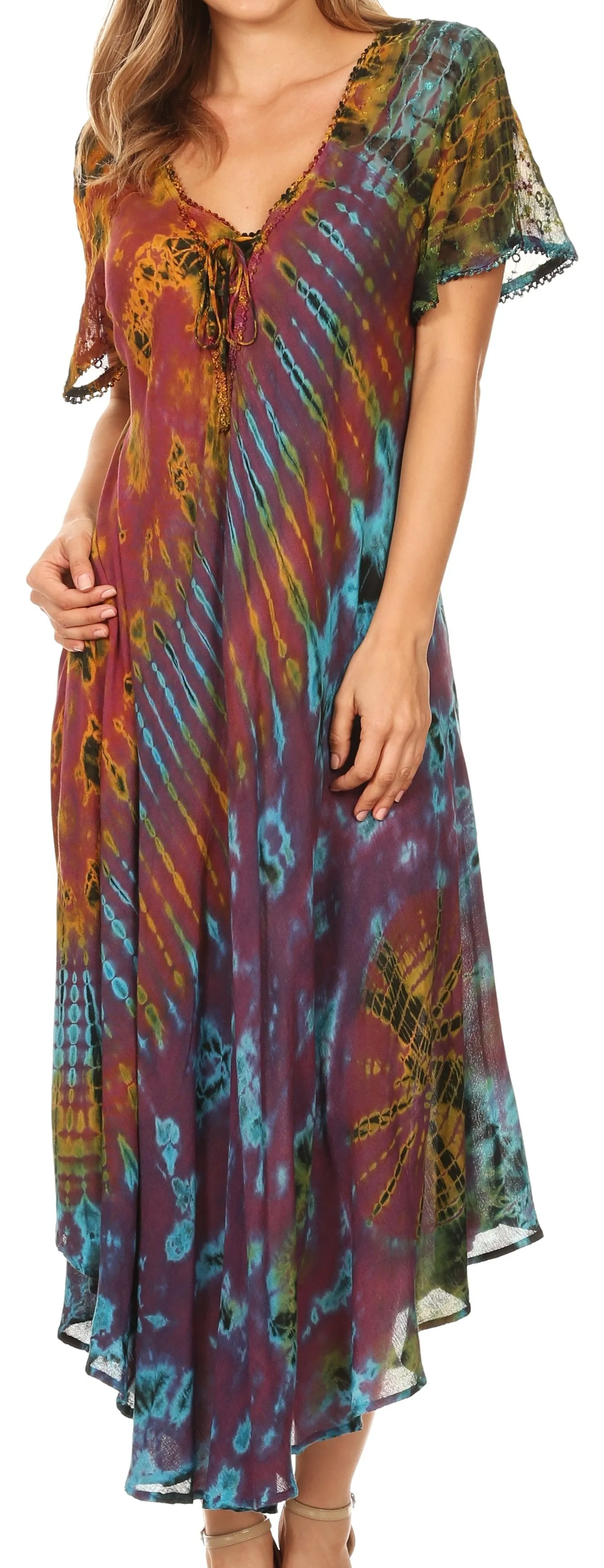 Sakkas Ria Tie Dye Embroidered Cap Sleeve Wide Neck Caftan Dress / Beach Cover Up