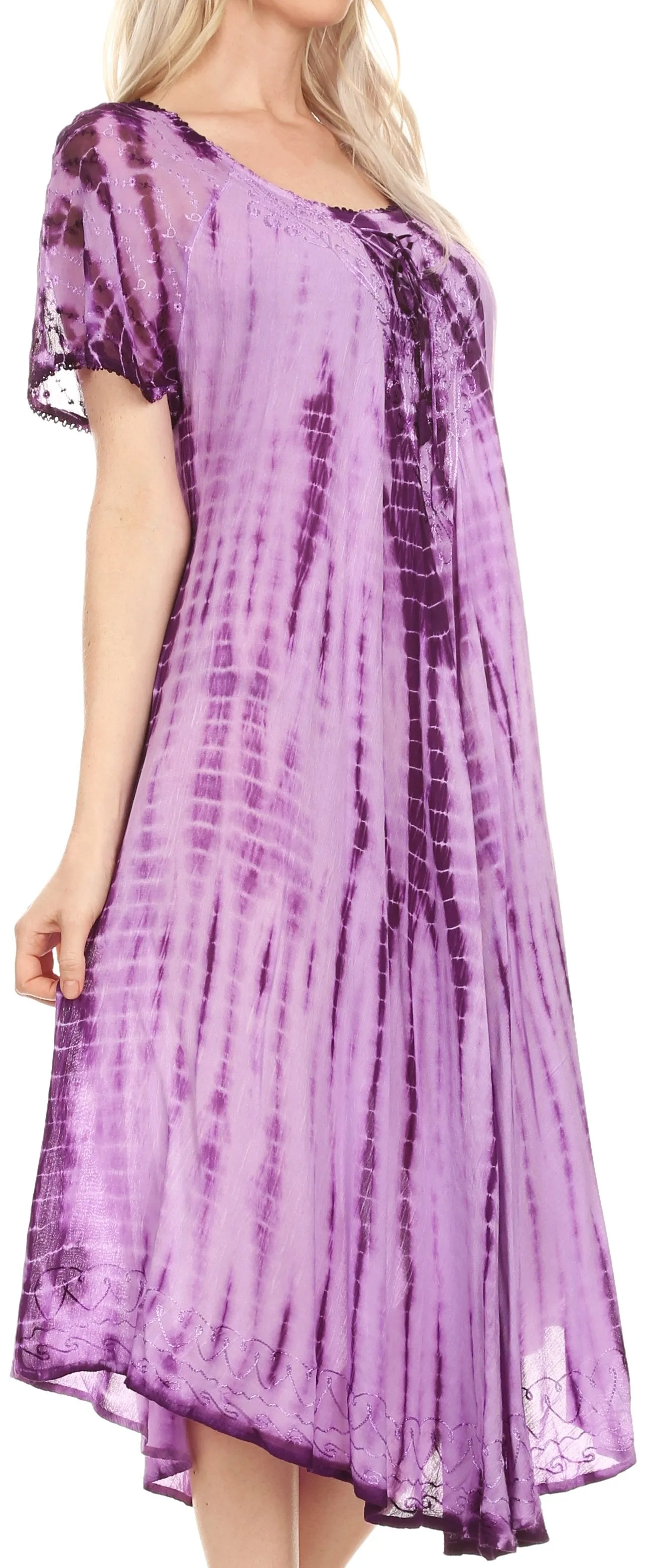 Sakkas Yasmin Tie Dye Embroidered Sheer Cap Sleeve Sundress | Cover Up