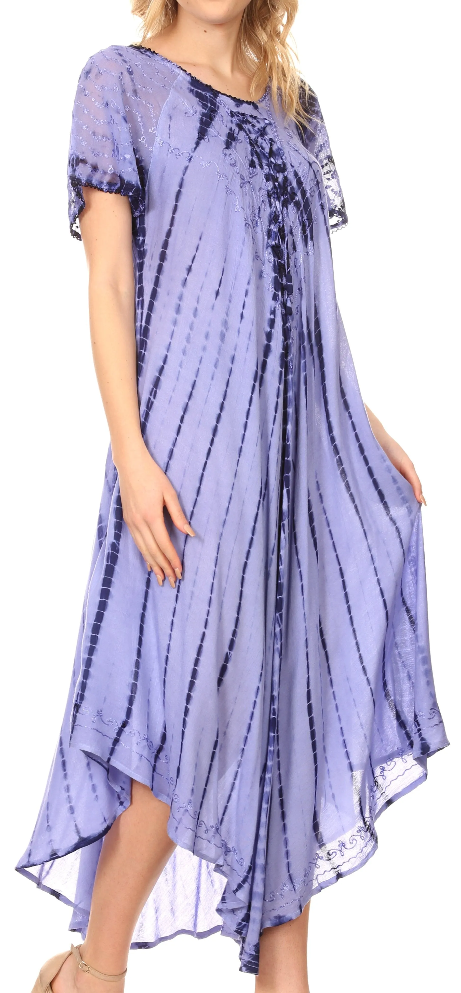 Sakkas Yasmin Tie Dye Embroidered Sheer Cap Sleeve Sundress | Cover Up