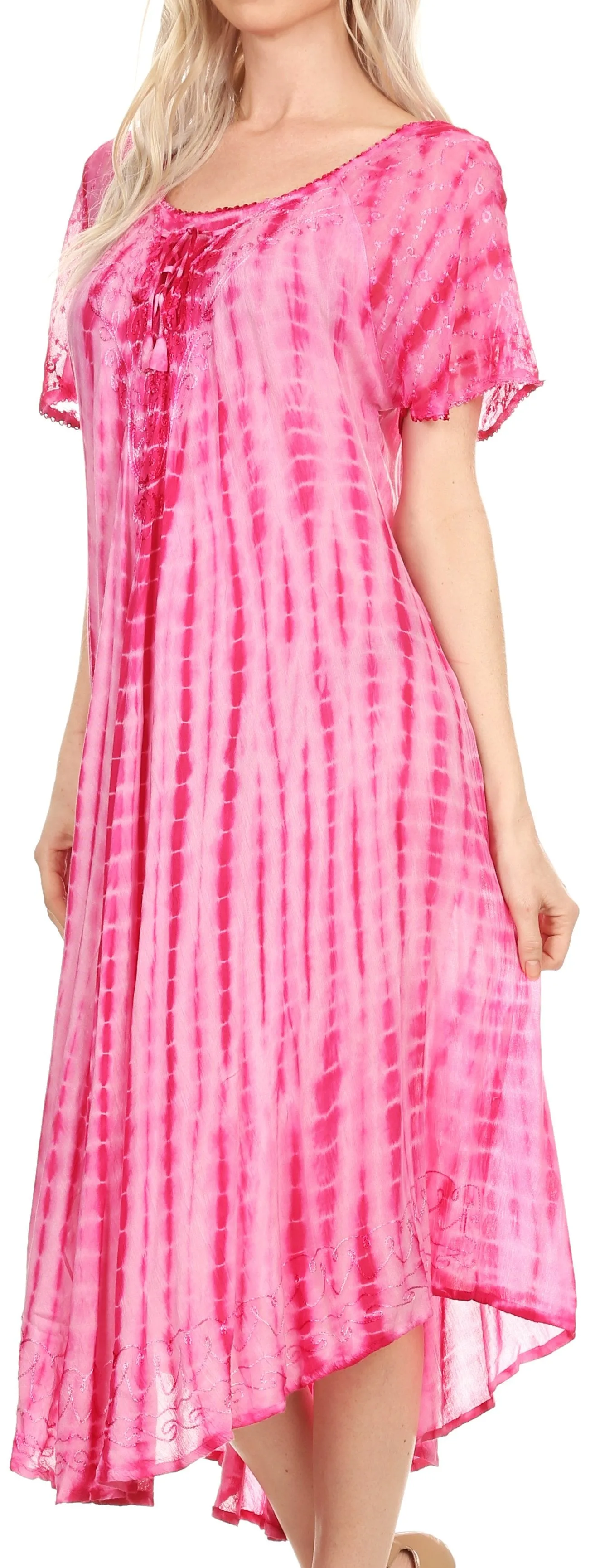 Sakkas Yasmin Tie Dye Embroidered Sheer Cap Sleeve Sundress | Cover Up