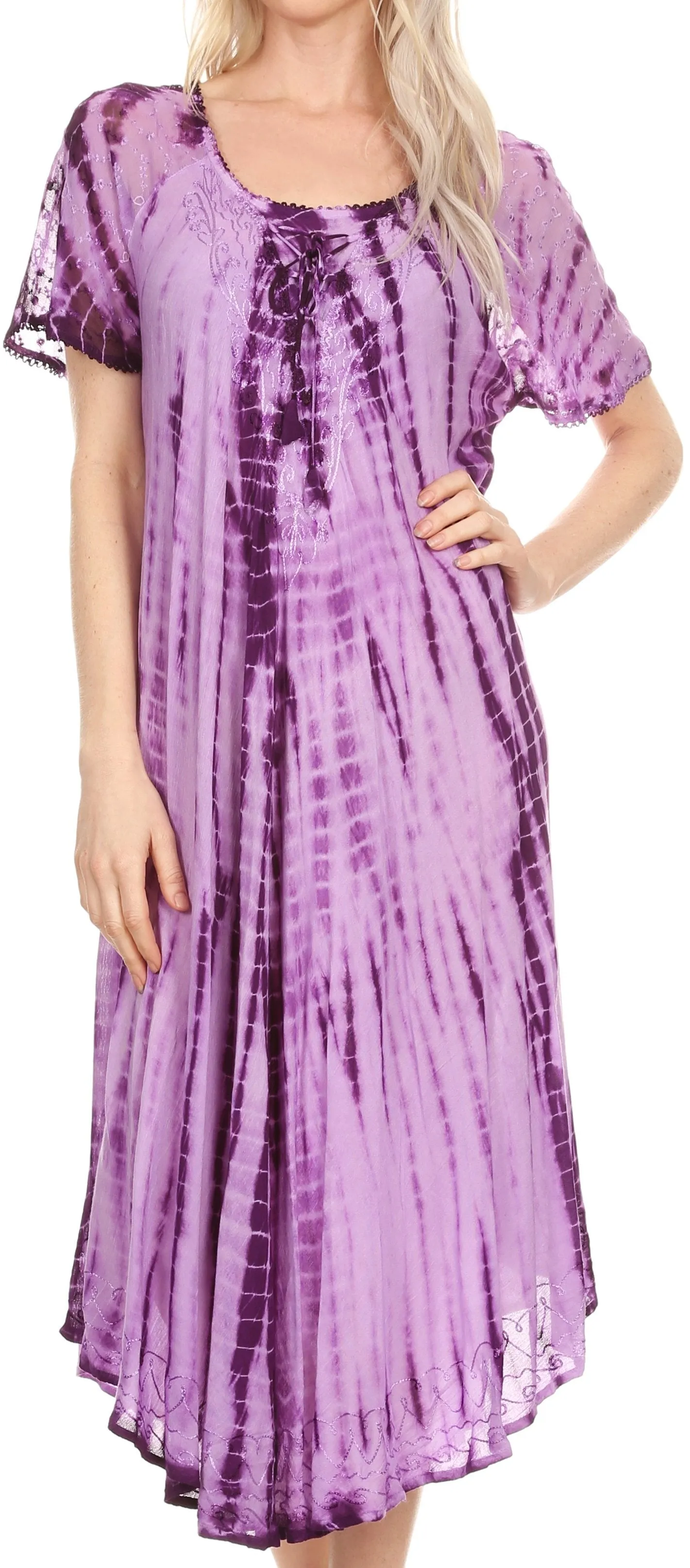 Sakkas Yasmin Tie Dye Embroidered Sheer Cap Sleeve Sundress | Cover Up