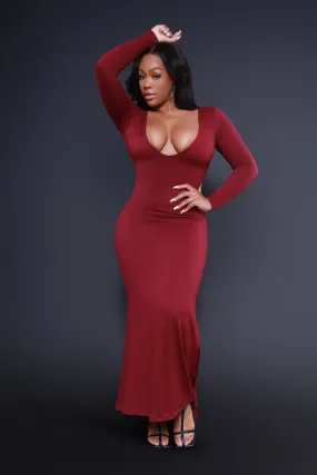 Second Skin Sculpting V-Neck Bodycon Maxi Dress - Burgundy