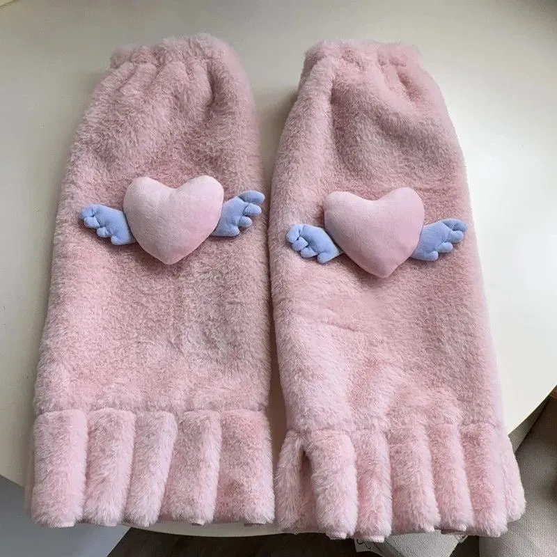 Sohiwoo Kawaii Pink Love Heart Fur Leg Warmers Winter Y2K Sweet Leg Covers Rabbit Bow Plush Fur Warm Harajuku Boot Cuffs JK Lolita Sock