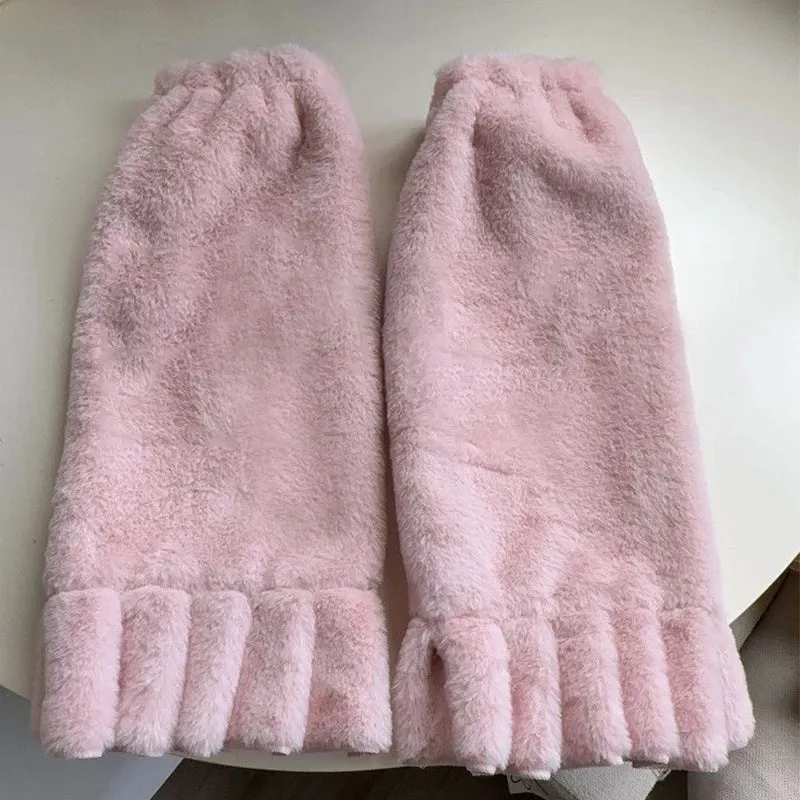 Sohiwoo Kawaii Pink Love Heart Fur Leg Warmers Winter Y2K Sweet Leg Covers Rabbit Bow Plush Fur Warm Harajuku Boot Cuffs JK Lolita Sock