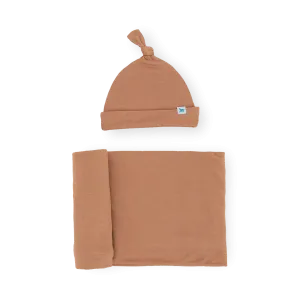 Stretch Knit Swaddle and Hat Set - Terracotta