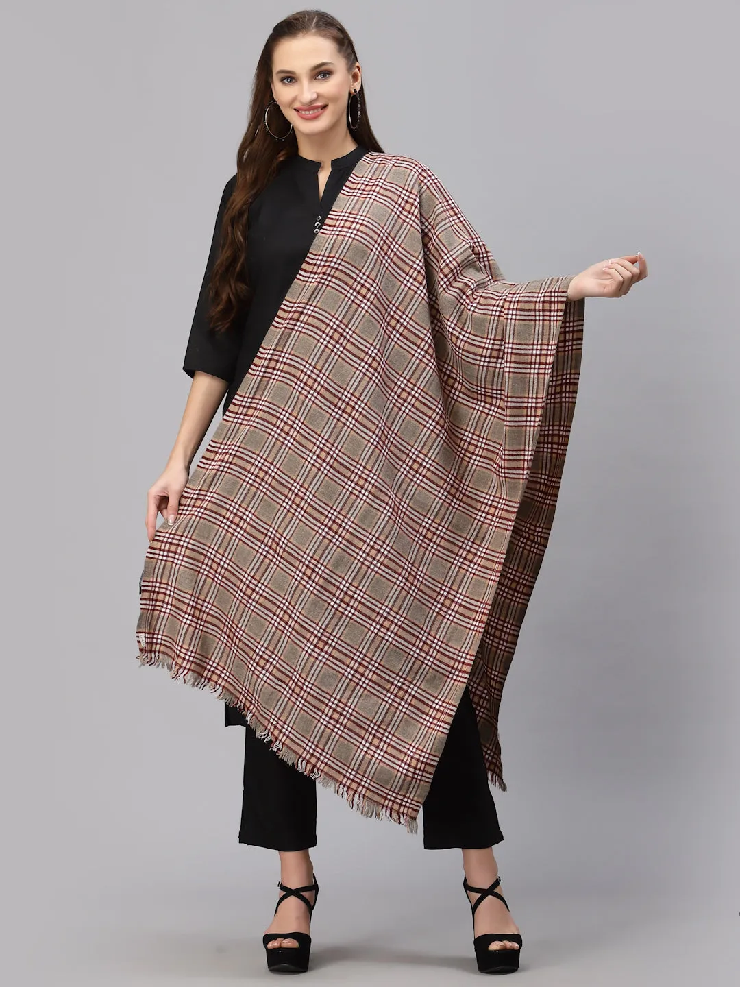 Style Quotient Women Camel Brown Checked Woven-Design Shawl