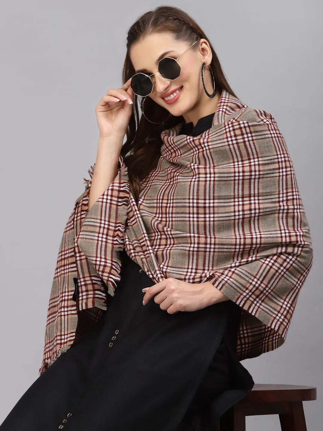 Style Quotient Women Camel Brown Checked Woven-Design Shawl