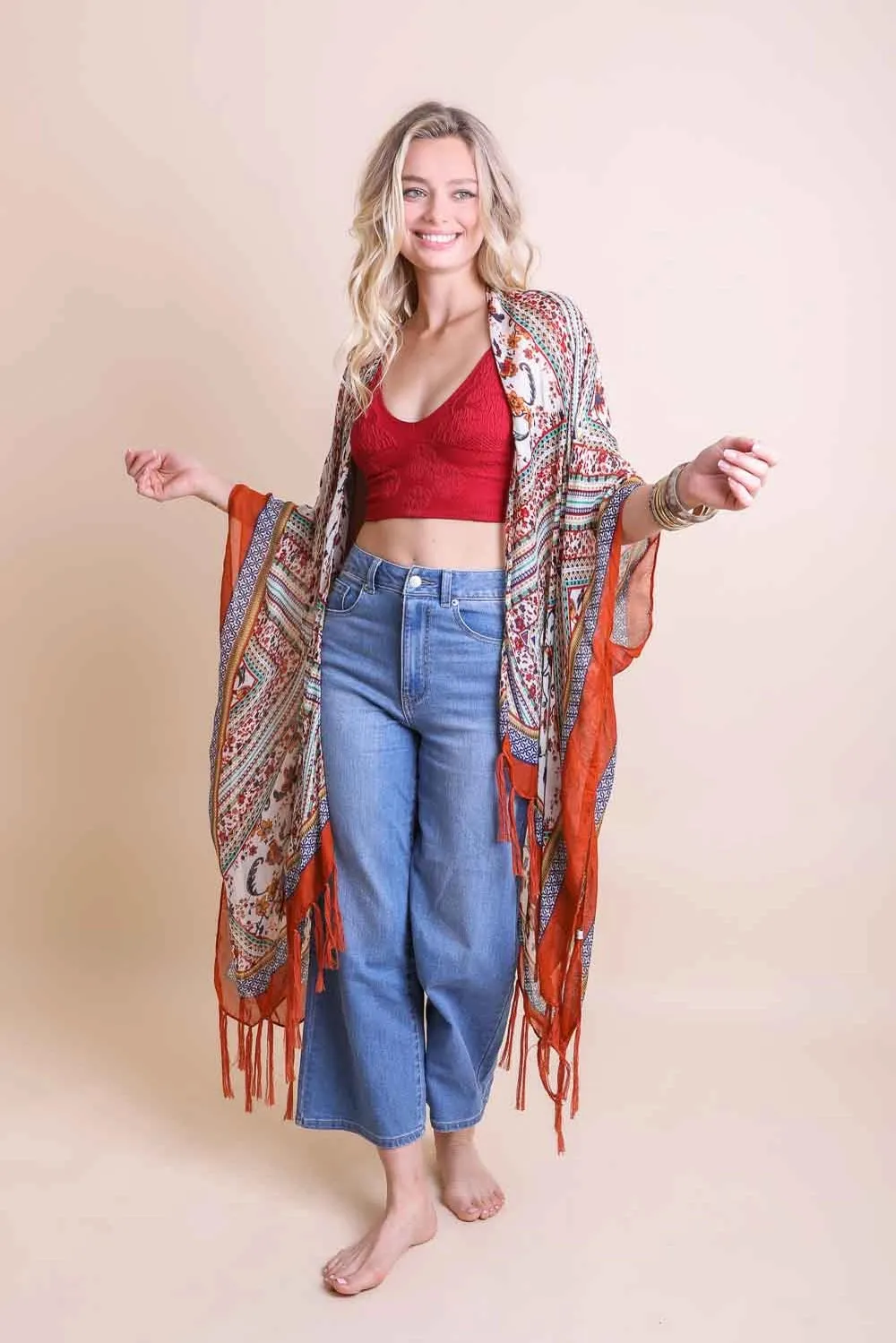 Summer Kimono - Fringed Orange Abstract Hues