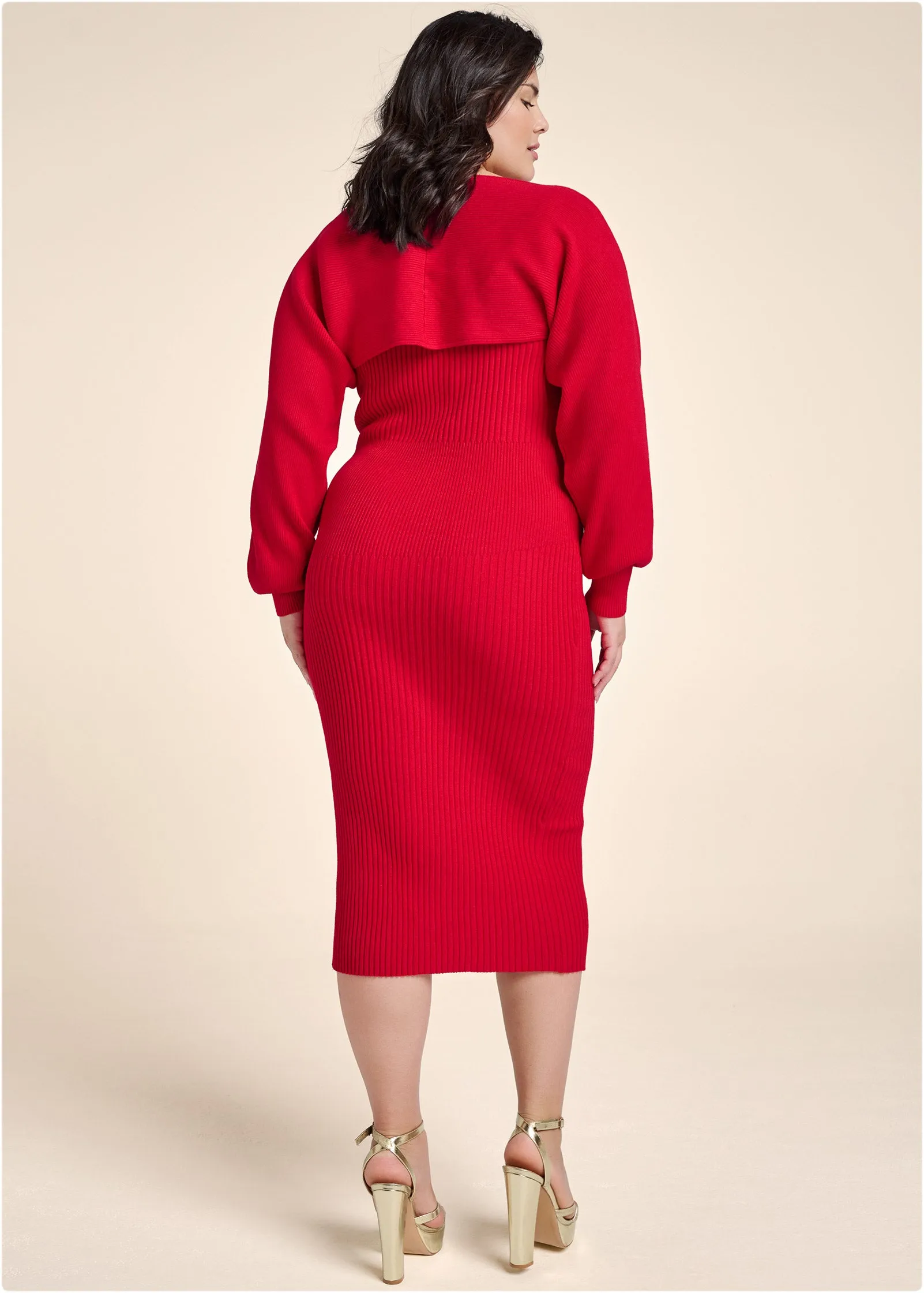 Sweater Dress With Shrug - Red