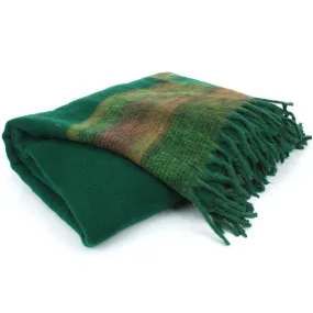 Tibetan Wool Blend Shawl Blanket - Green with Green & Red Reverse