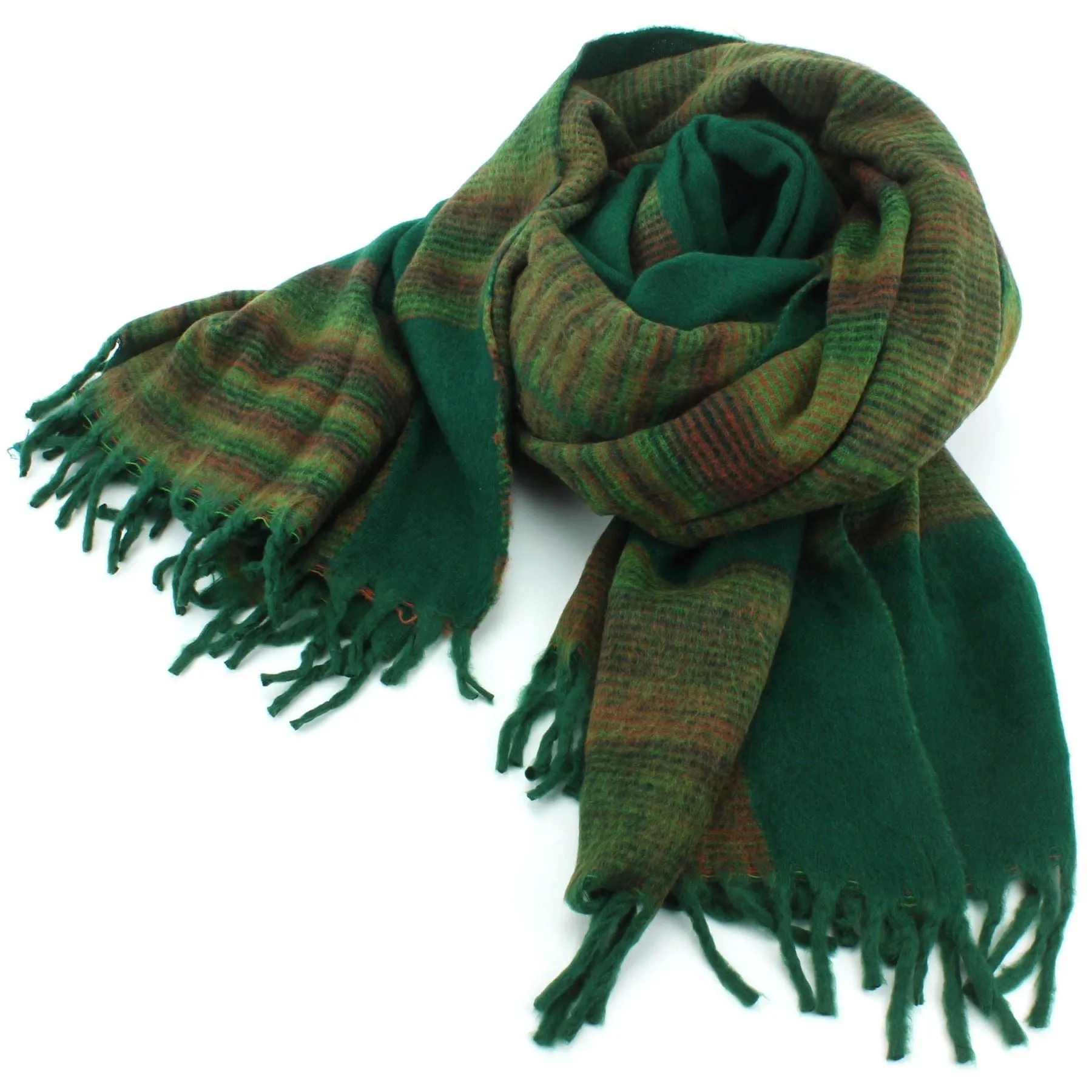 Tibetan Wool Blend Shawl Blanket - Green with Green & Red Reverse