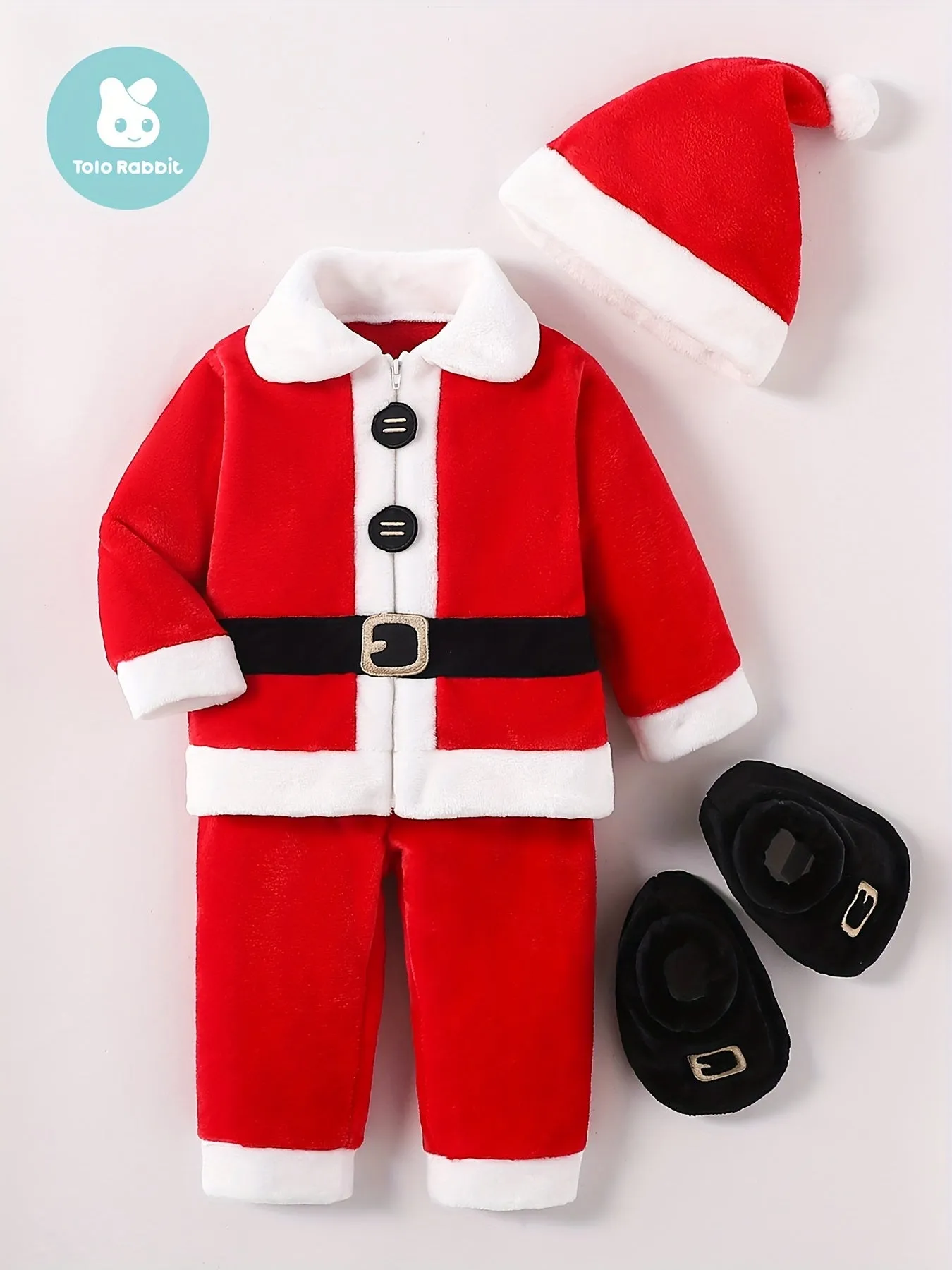 Tolo Rabbit Toddler Christmas Santa Claus Costume Set with Hat - Crew Neck, Long Sleeve, Polyester Knit Fabric, Solid Color, Loose Fit, Slight Stretch, Cute Style, for Ages 0-12 Months