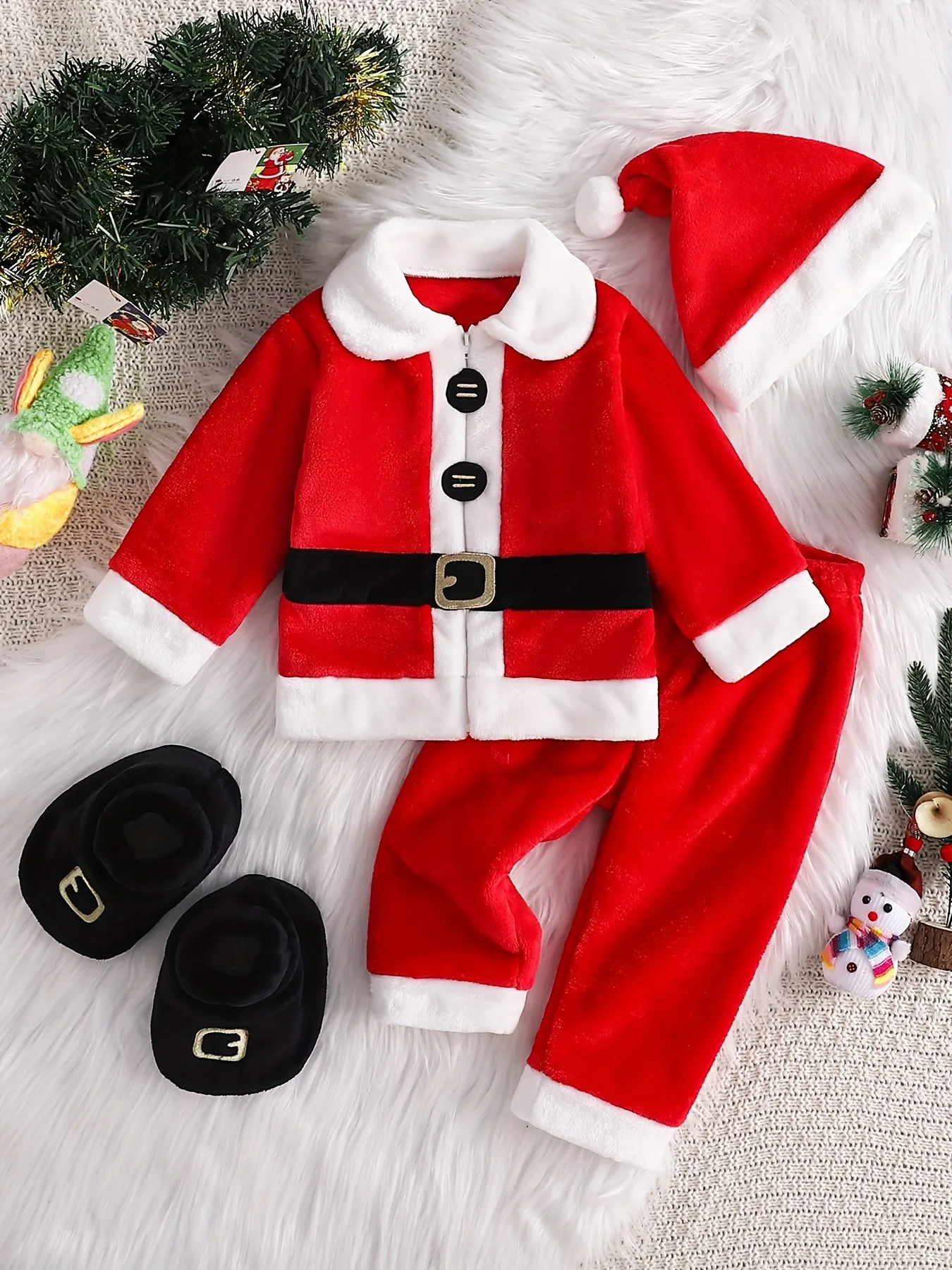 Tolo Rabbit Toddler Christmas Santa Claus Costume Set with Hat - Crew Neck, Long Sleeve, Polyester Knit Fabric, Solid Color, Loose Fit, Slight Stretch, Cute Style, for Ages 0-12 Months