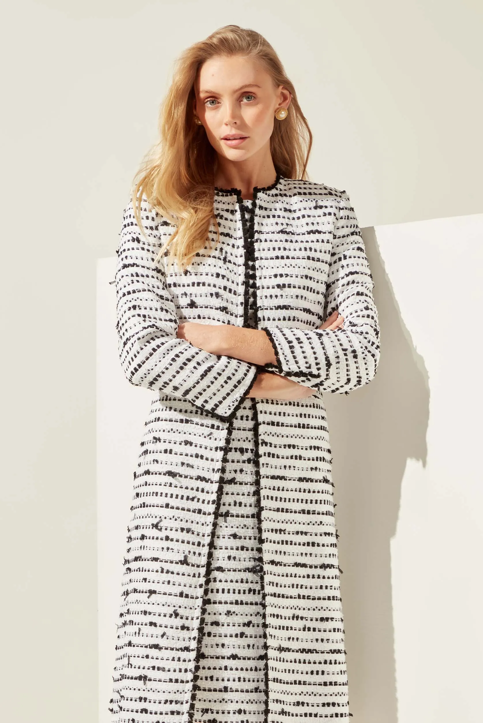 Tweed Dress Coat  in White with Black Tufted Stripes and Braid Trim - Vanya