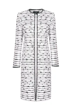 Tweed Dress Coat  in White with Black Tufted Stripes and Braid Trim - Vanya