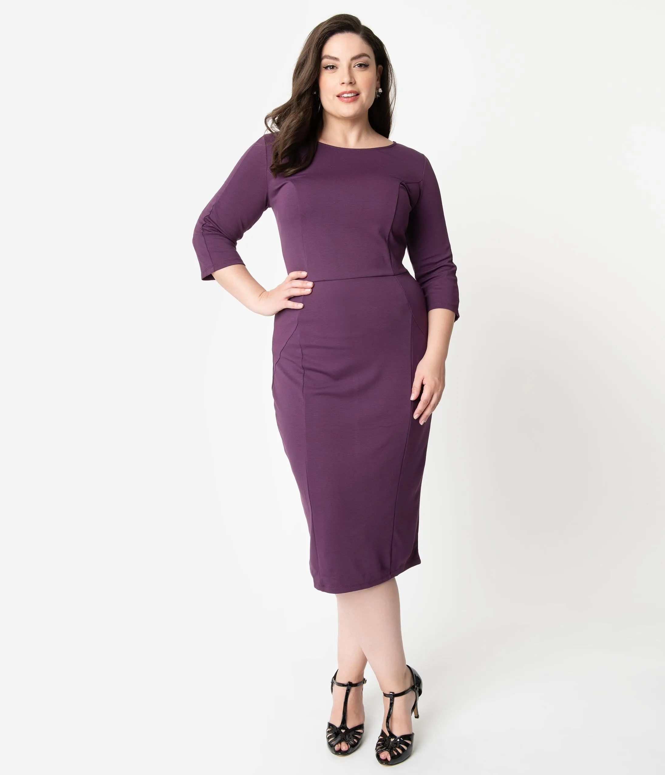 Unique Vintage Plus Size 1960s Purple Long Sleeve Stretch Mod Wiggle Dress