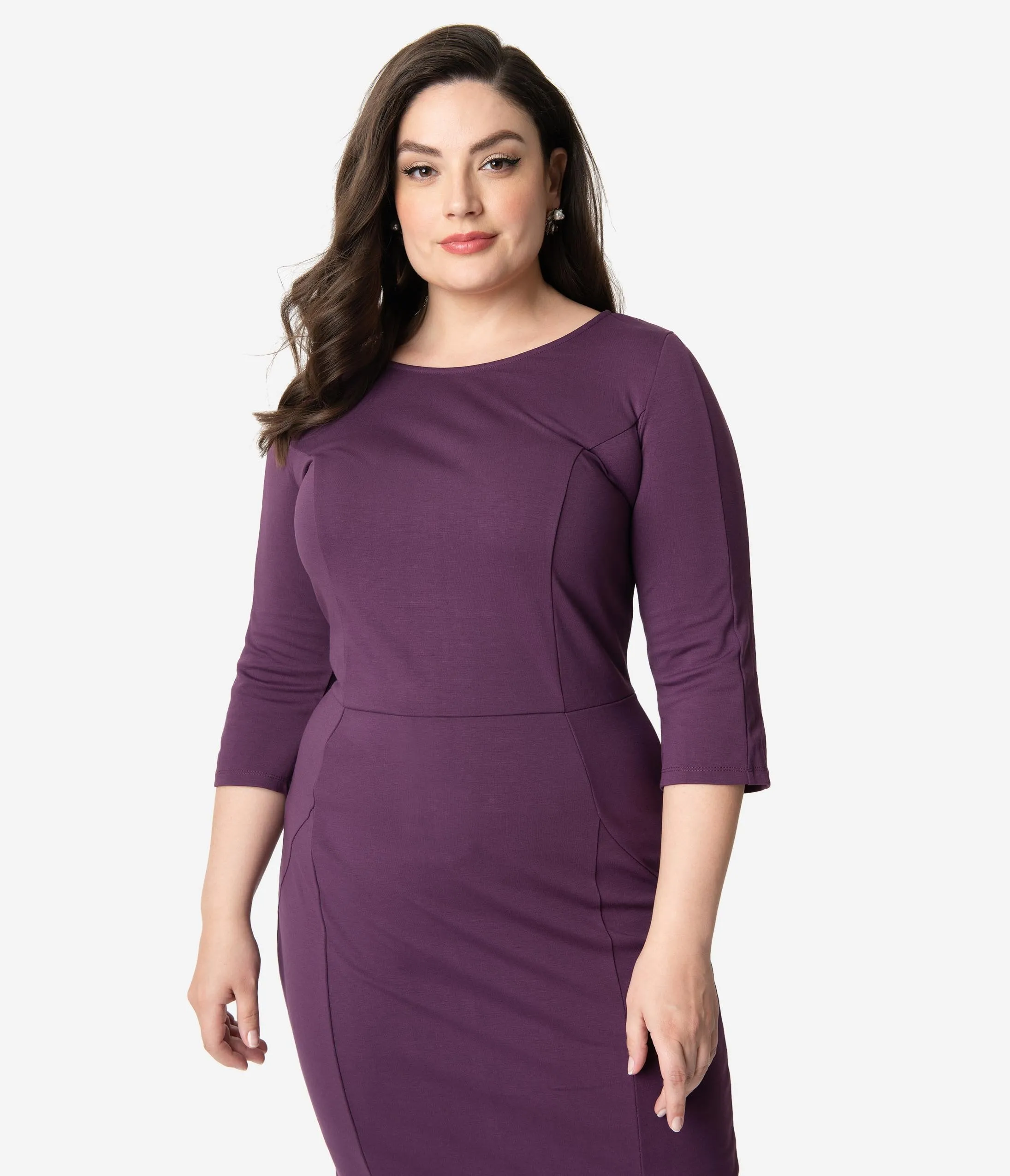 Unique Vintage Plus Size 1960s Purple Long Sleeve Stretch Mod Wiggle Dress