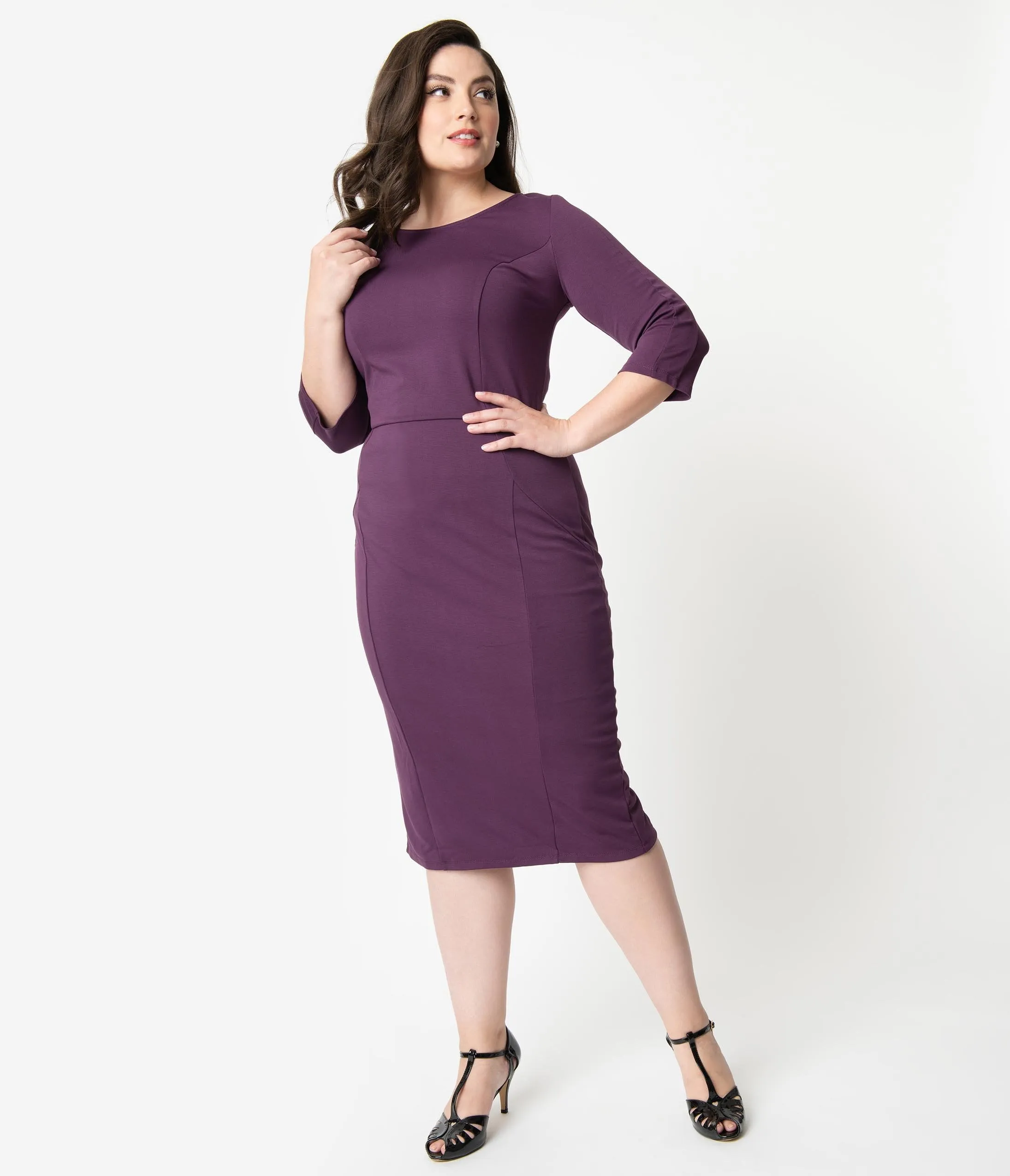 Unique Vintage Plus Size 1960s Purple Long Sleeve Stretch Mod Wiggle Dress