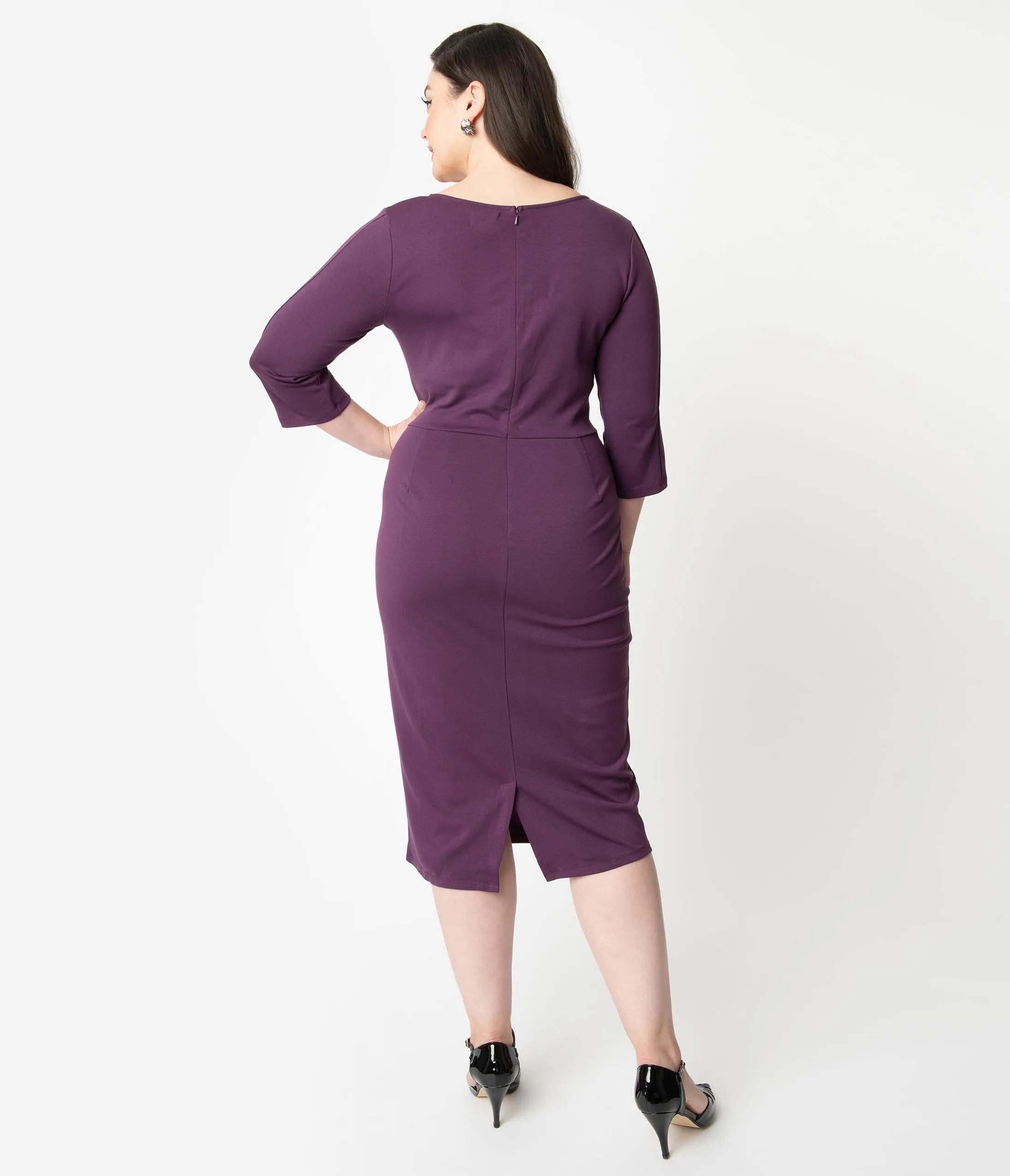 Unique Vintage Plus Size 1960s Purple Long Sleeve Stretch Mod Wiggle Dress